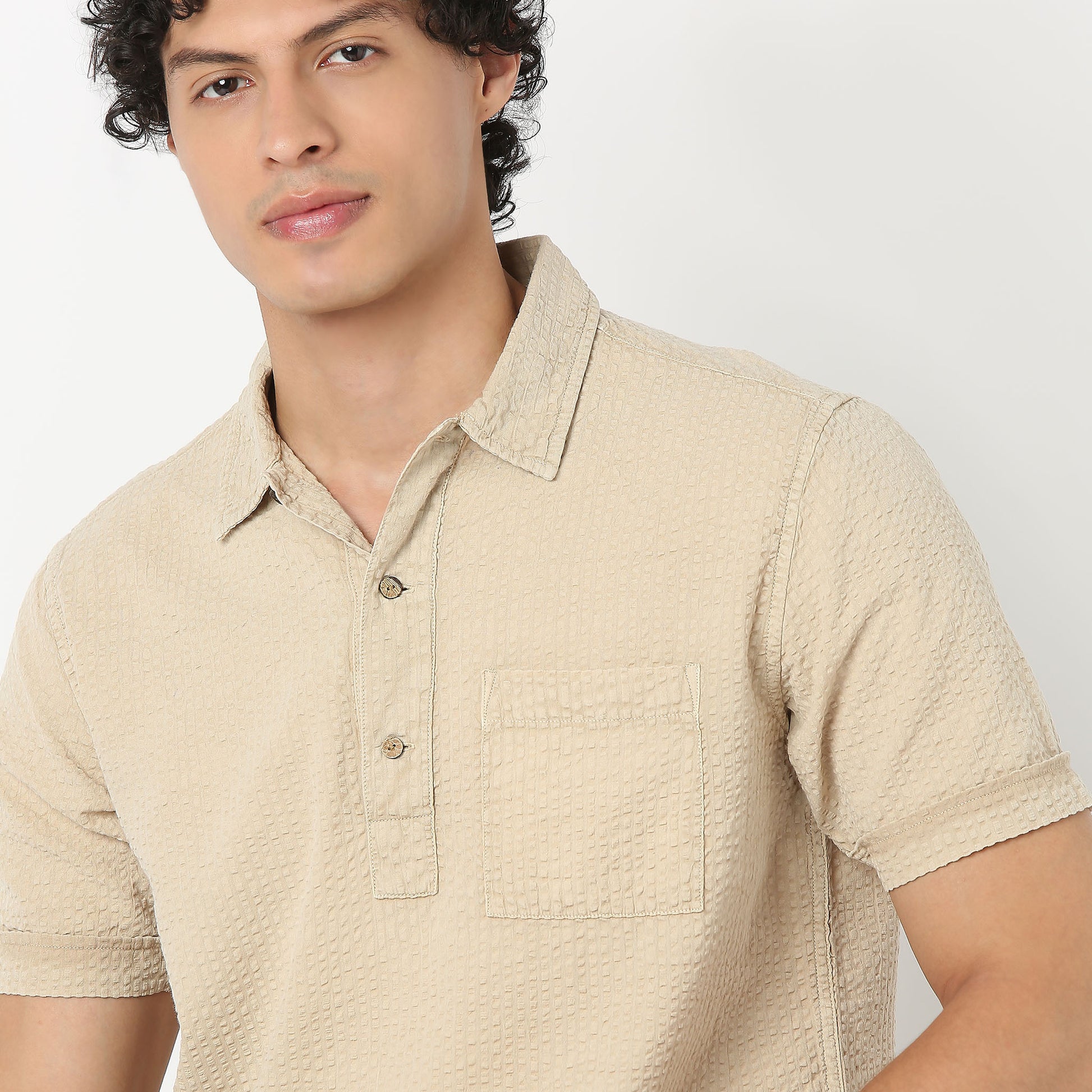 Polo Neck Short Length Jacquard Shirt