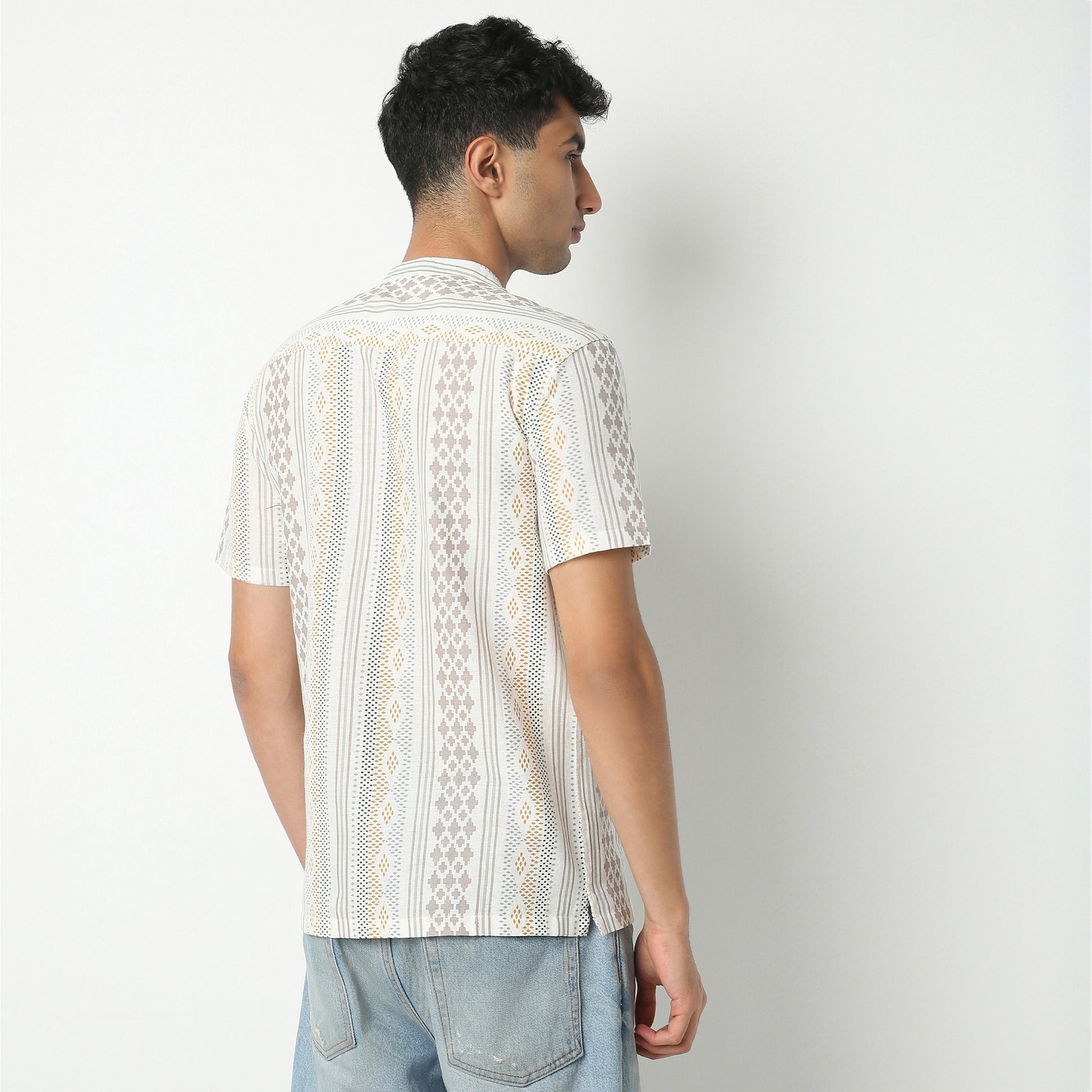 Regular Fit Printed Mandarin Collar Short Length Shirt