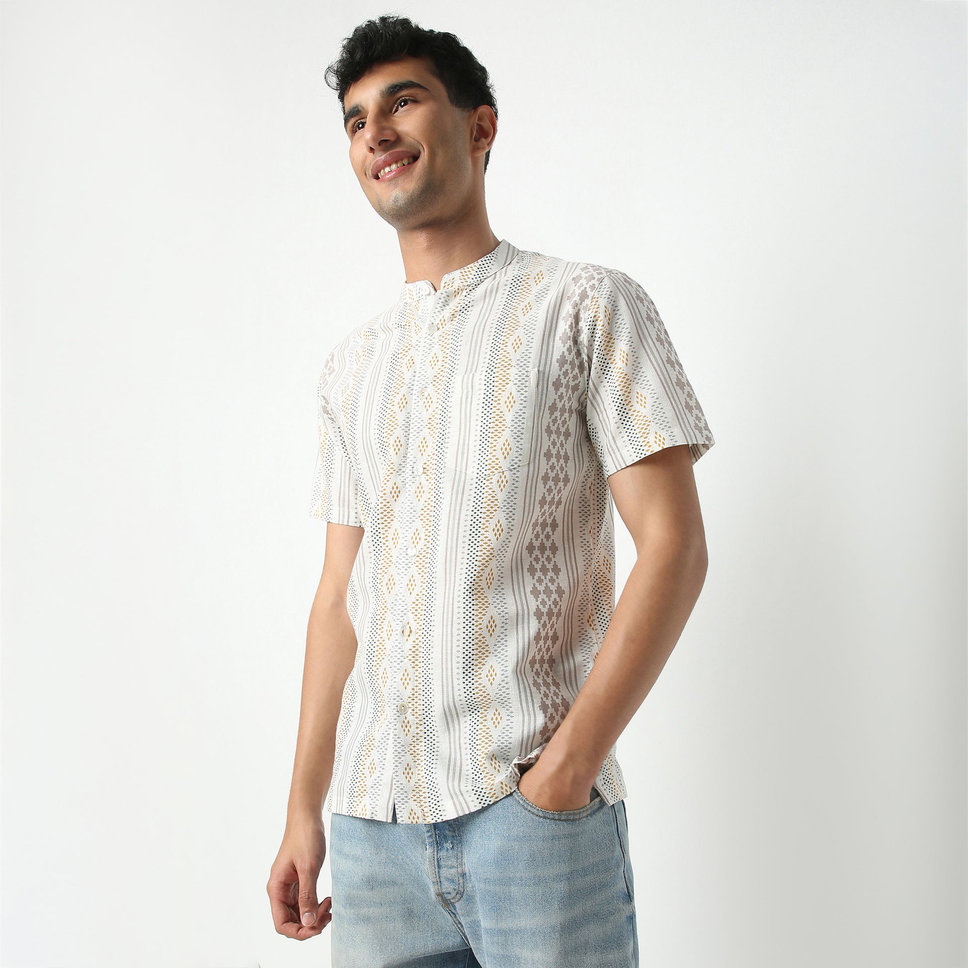 Regular Fit Printed Mandarin Collar Short Length Shirt