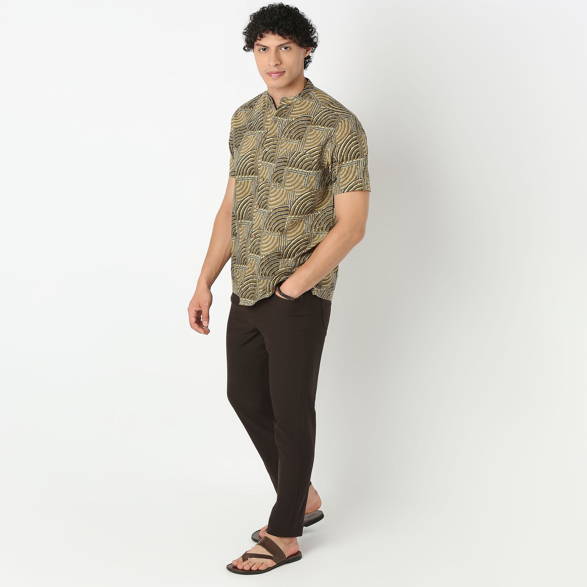 Mandarin Collar Short Length Printed Shirt