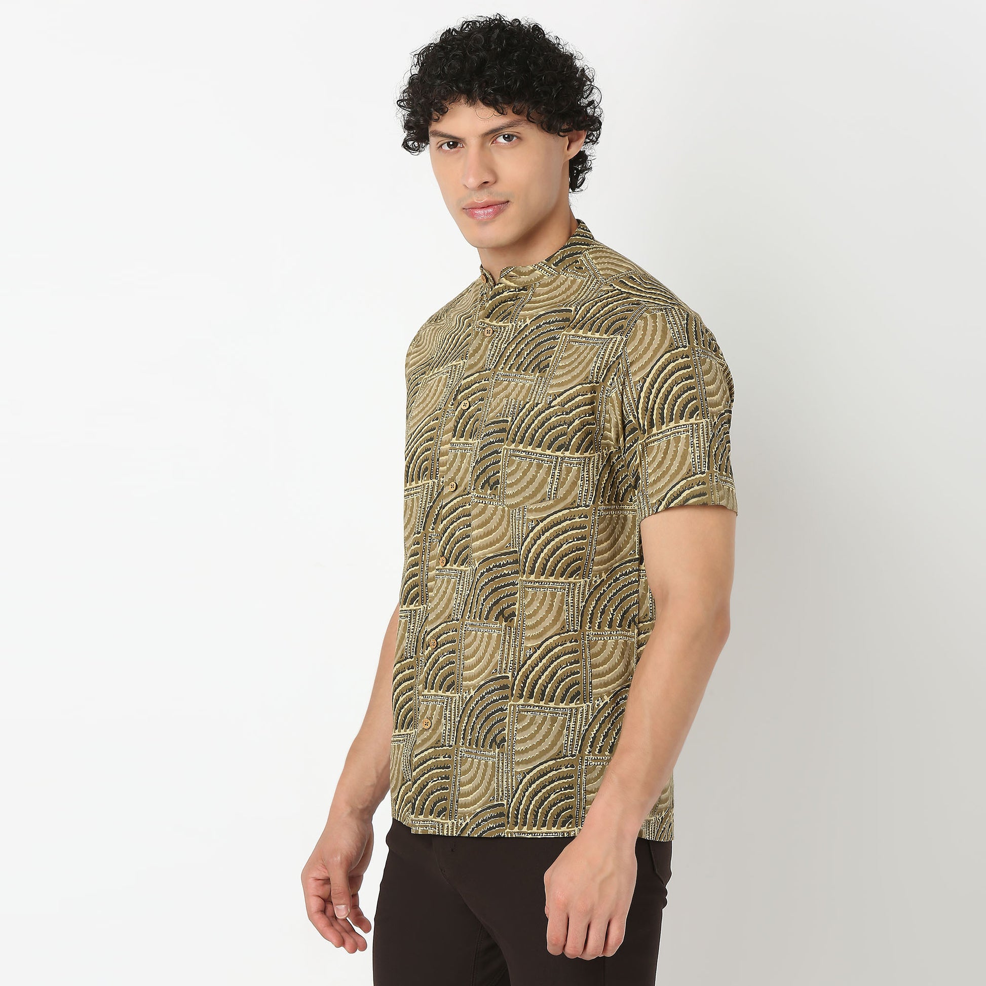 Mandarin Collar Short Length Printed Shirt