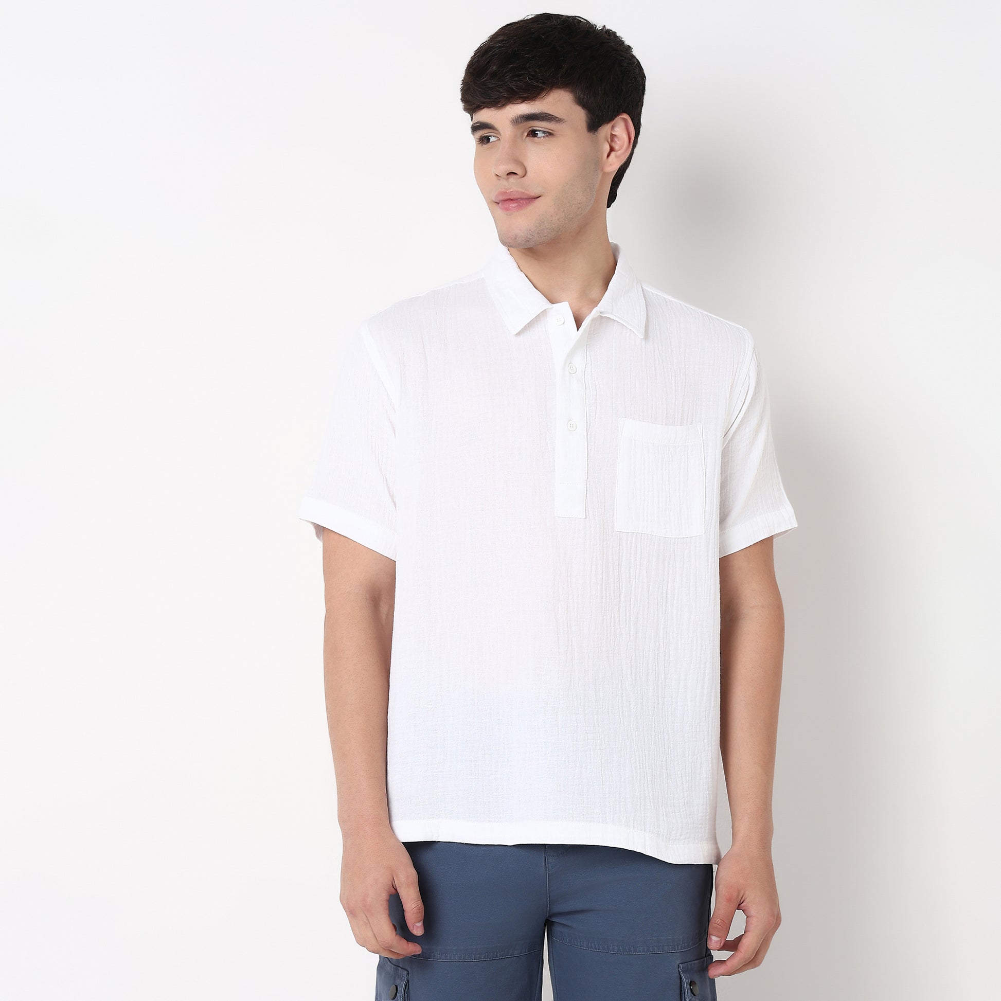 Polo Neck Solid Cotton Shirt