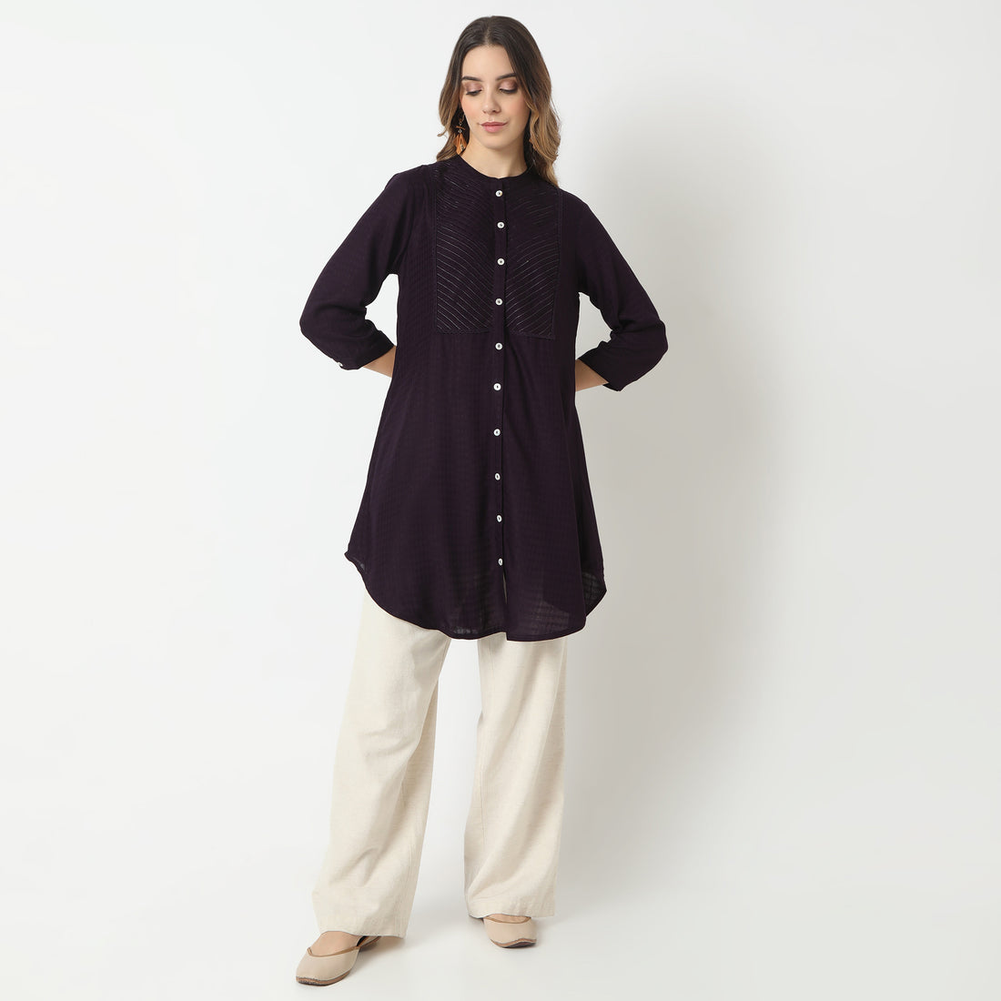 Embroidered Band Neck Kurta with Highlight of Sequence Work