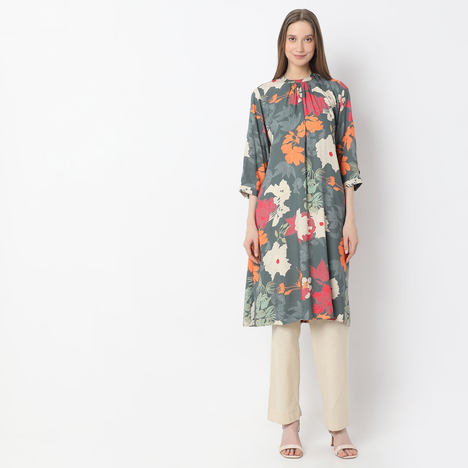 Printed Knee Length Band Neck Straight Kurta