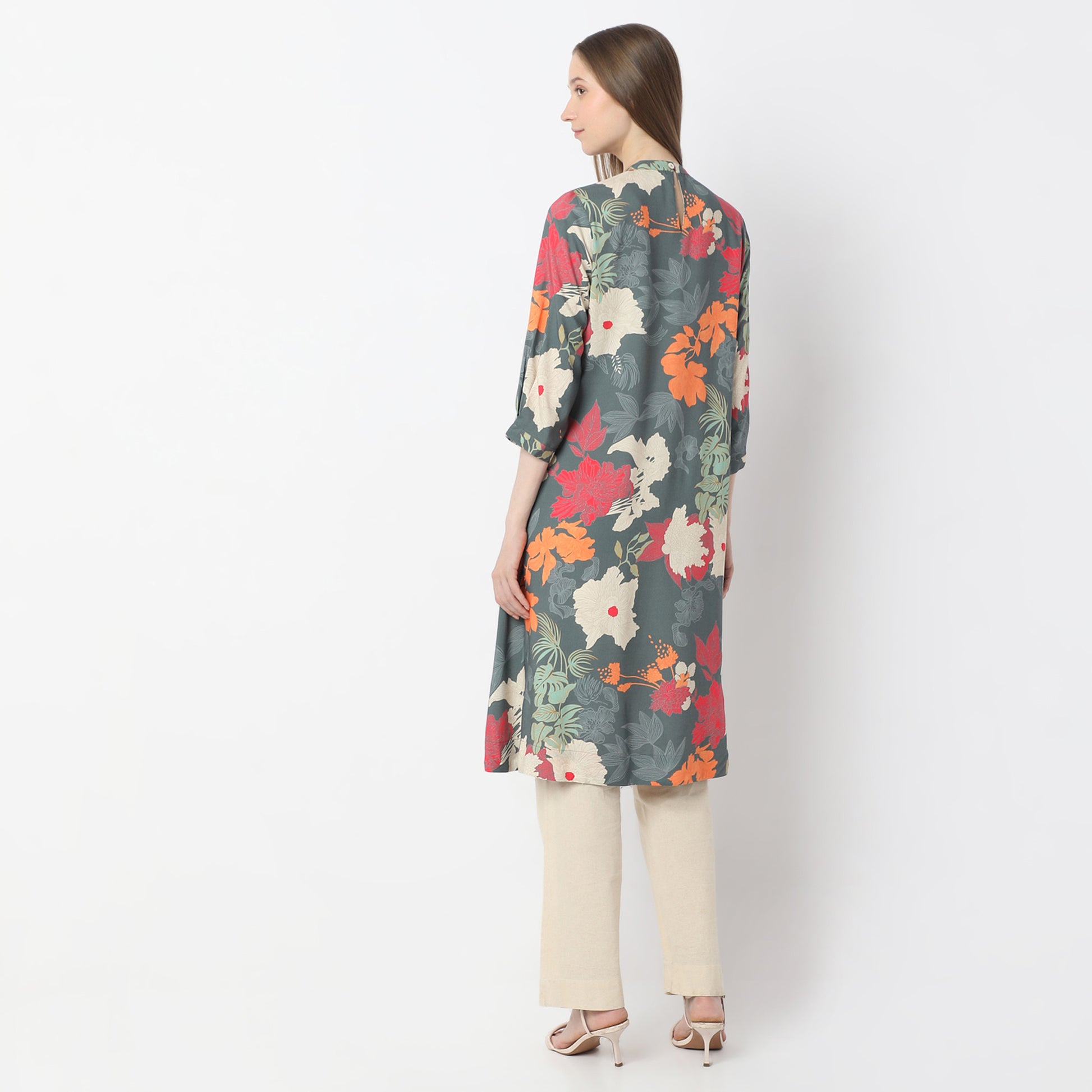 Printed Knee Length Band Neck Straight Kurta