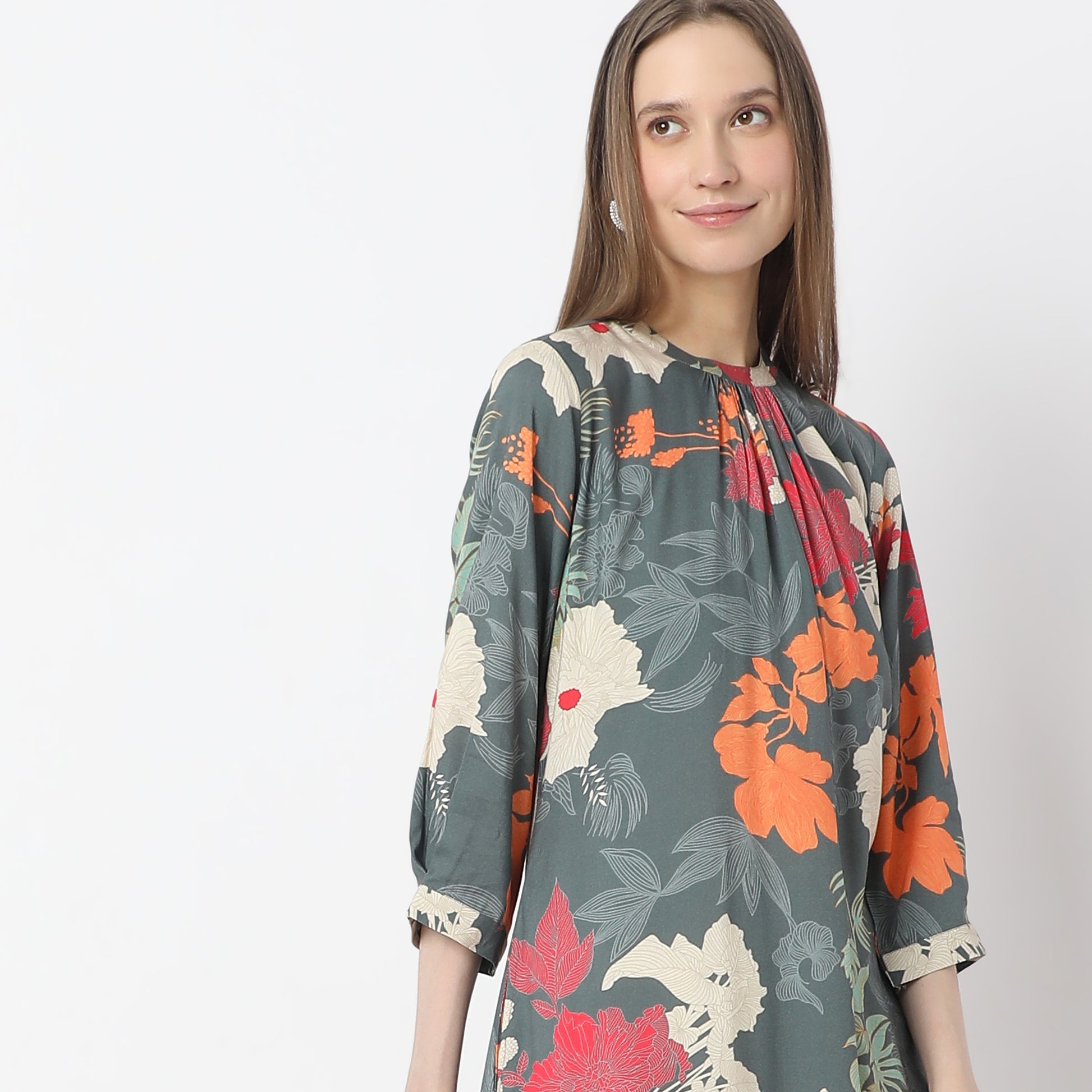 Printed Knee Length Band Neck Straight Kurta