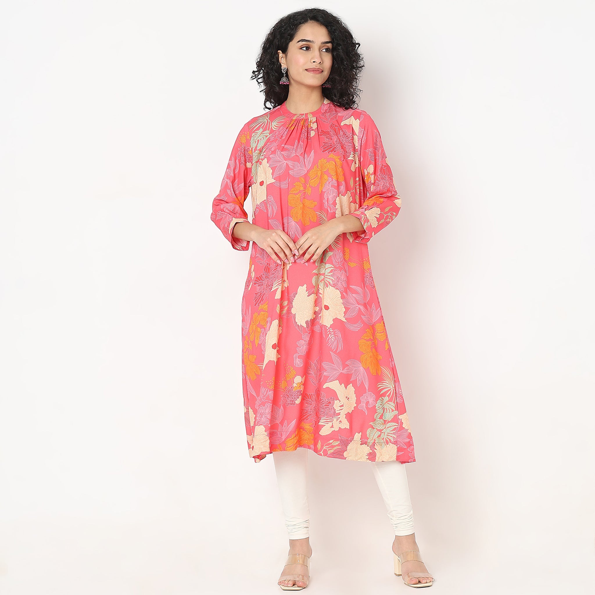 Printed Knee Length Band Neck Straight Kurta