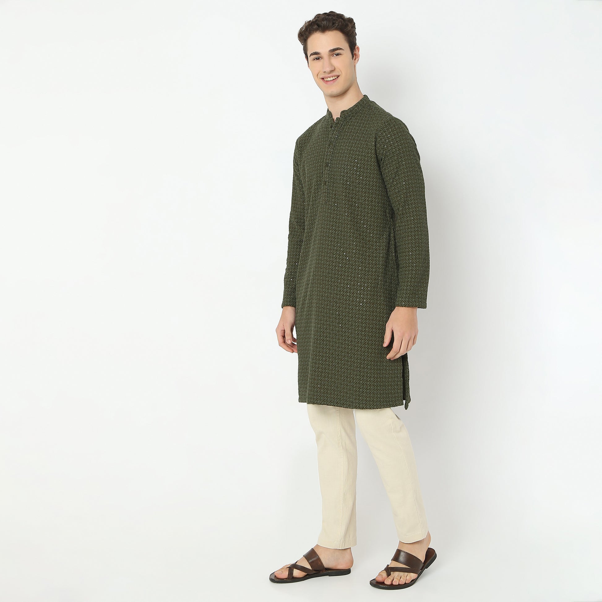 Embroidered Knee Length Straight Schiffli Kurta