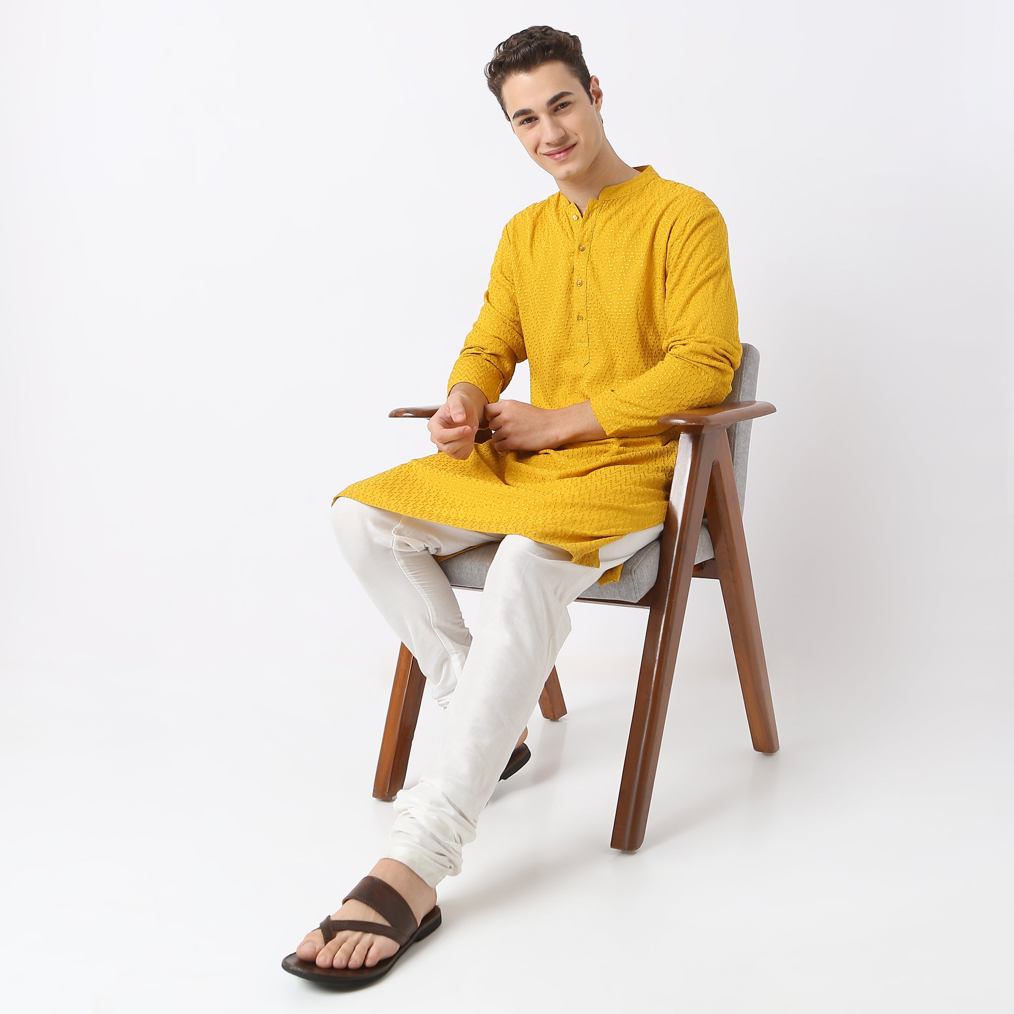Embroidered Full Length Mandarin Collar Straight Schiffli Kurta