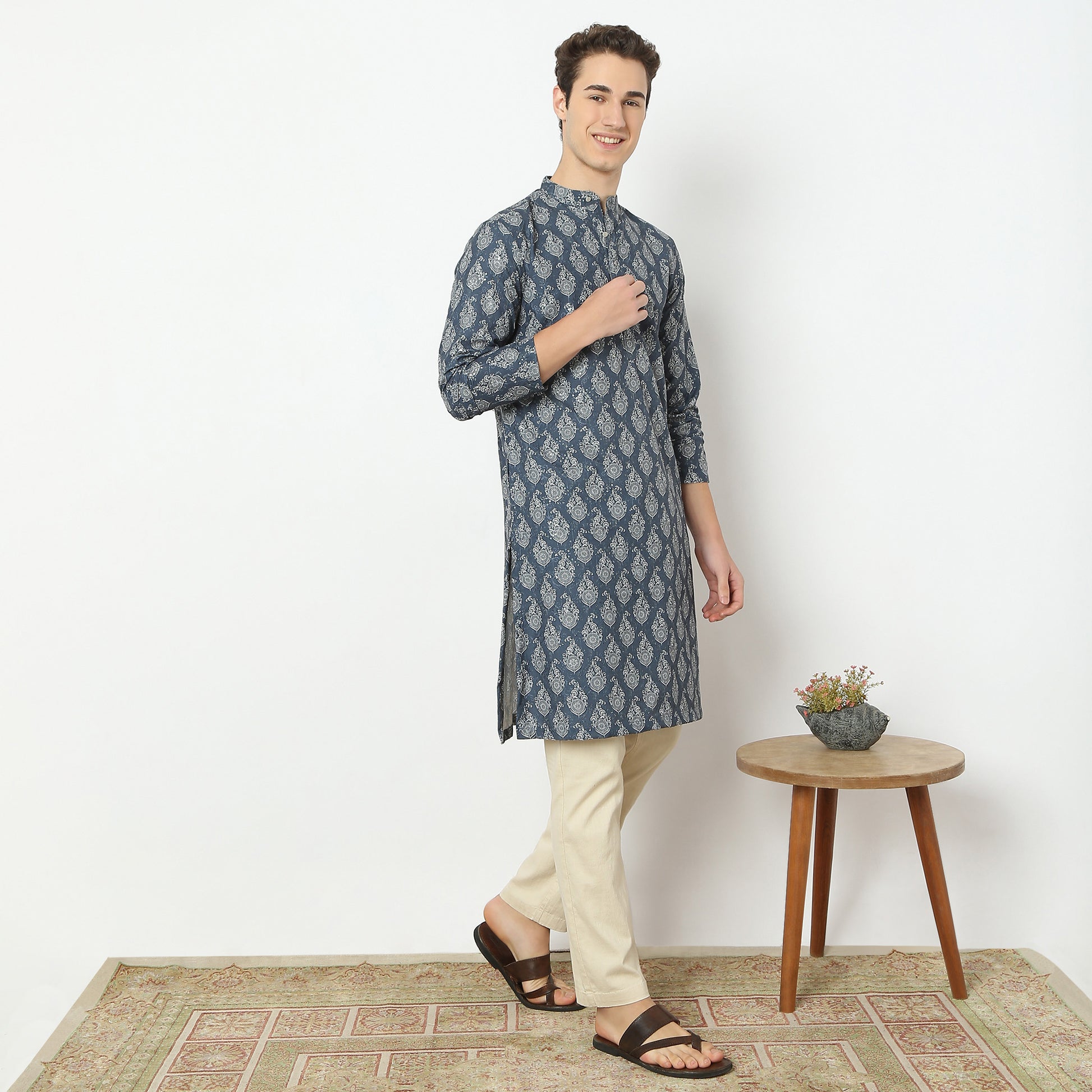 Jacquard Knee Length Straight Digital Print Kurta