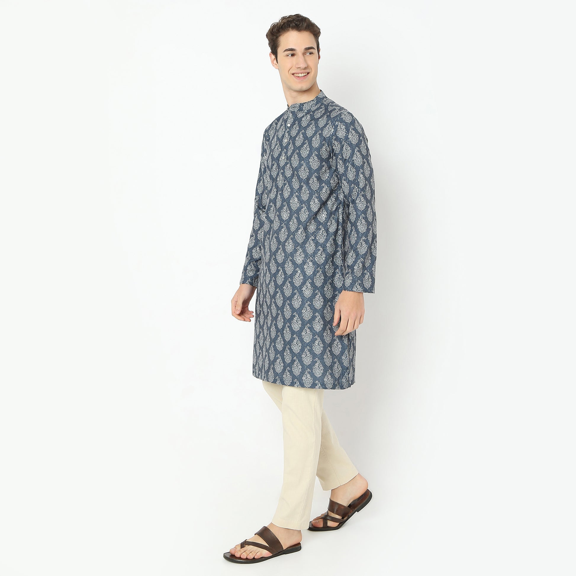 Jacquard Knee Length Straight Digital Print Kurta