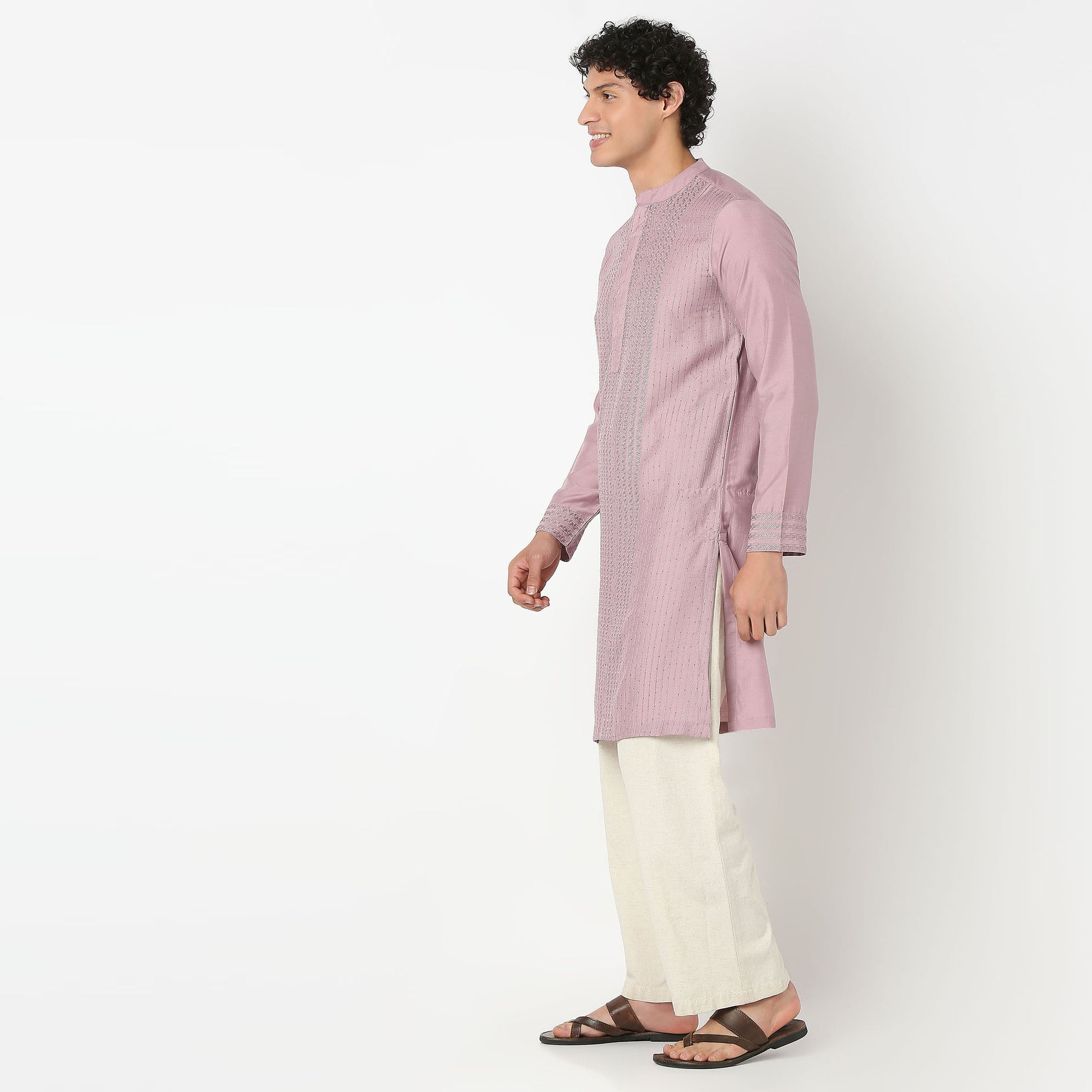 Embroidered Mandarin Collar Full Length Sleeve Straight Fit Kurta