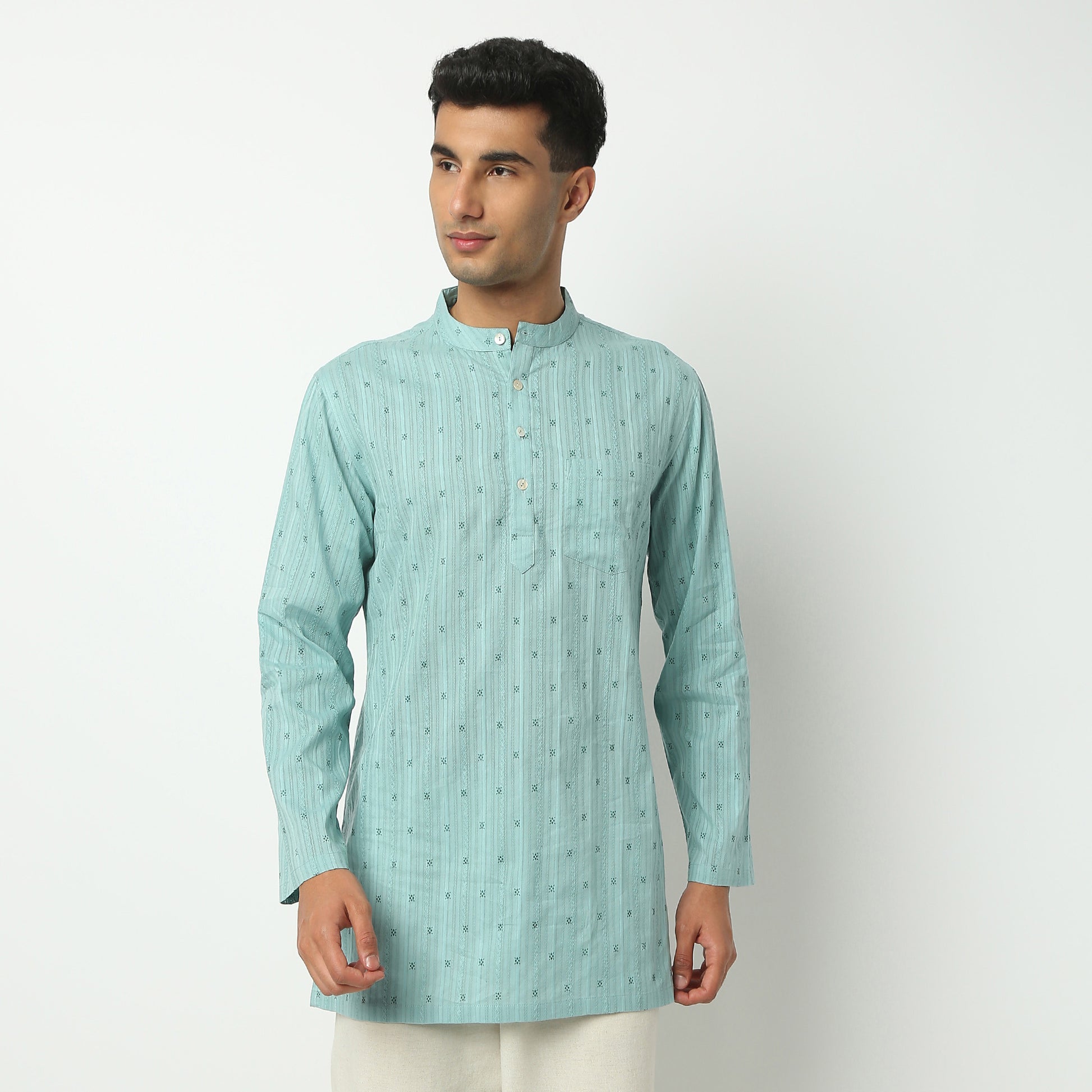 Regular Fit Structured Mandarin Collar Kurta