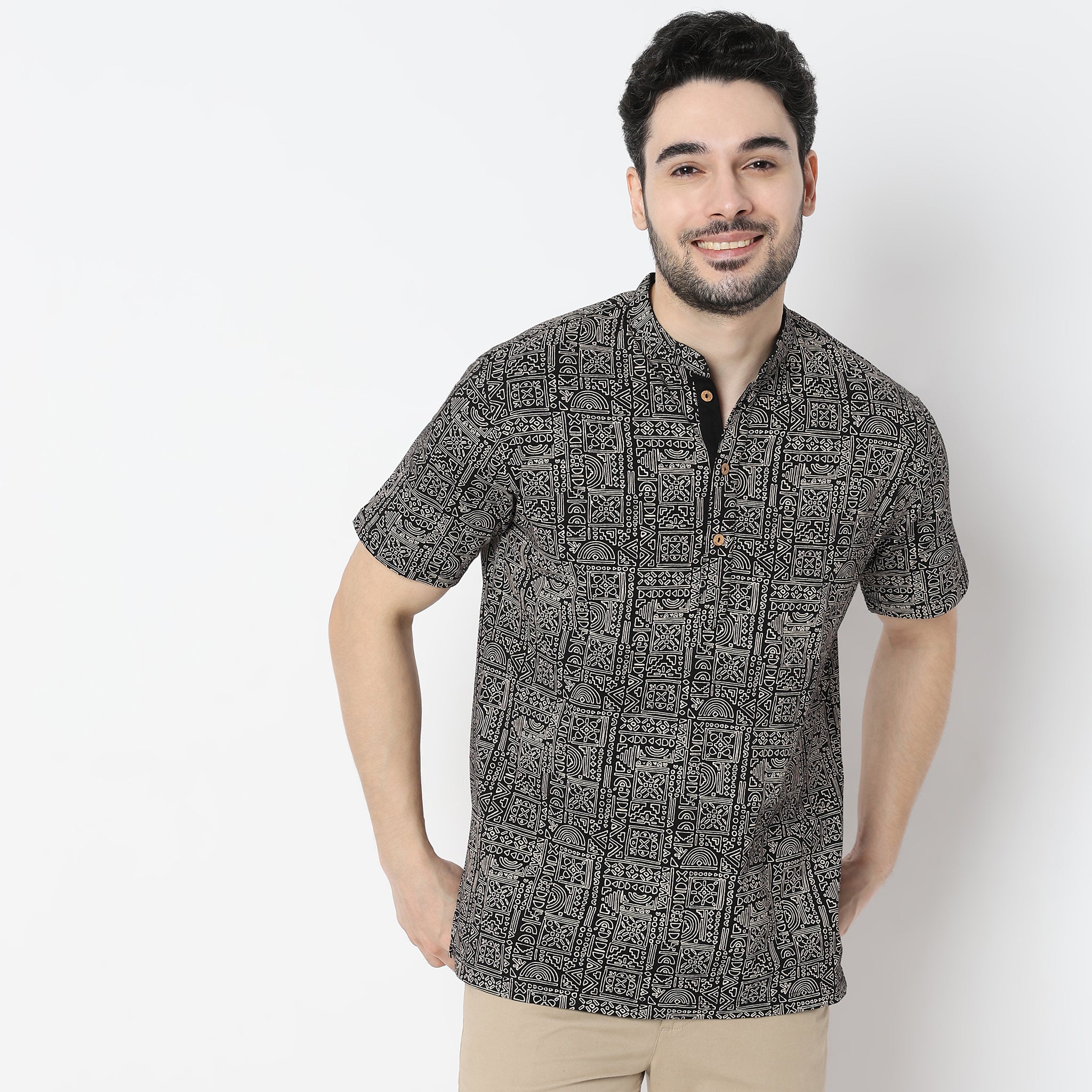 Printed Half Sleeve Mandarin Collar Knit Short Kurta