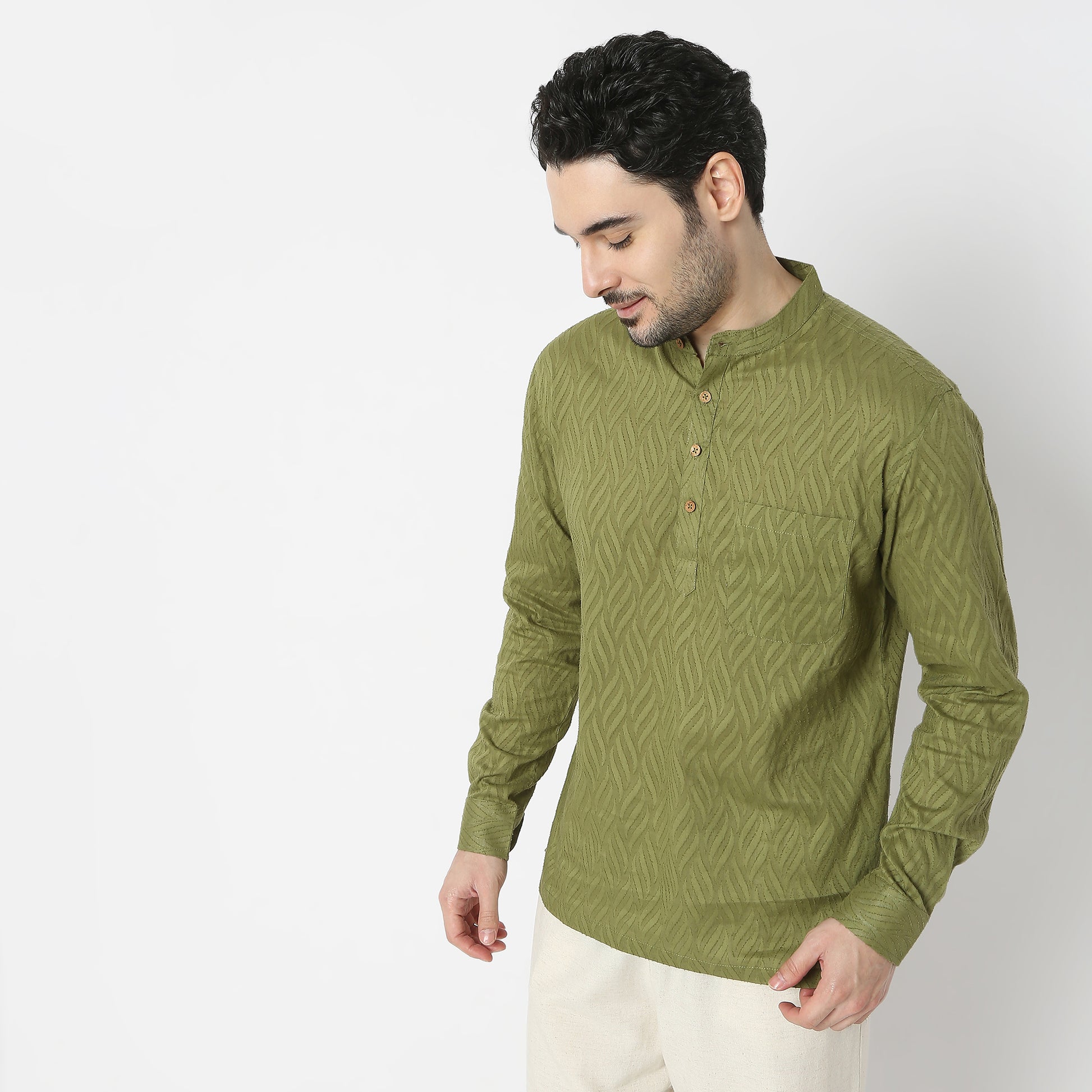 Regular Fit Jacquard Mandarin Collar Short Length Kurta