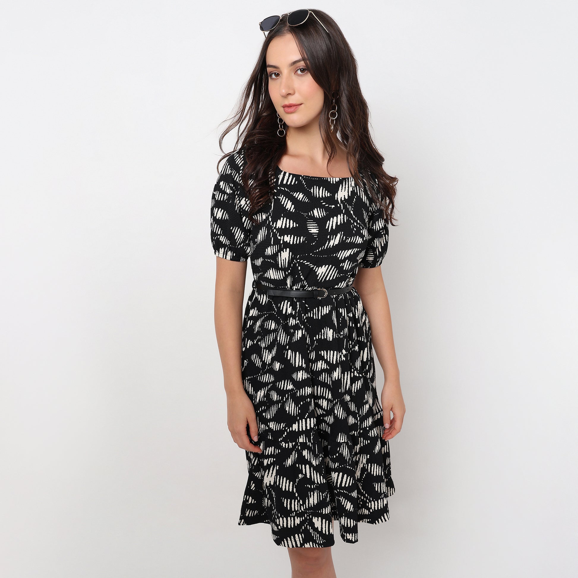 Flare Fit Printed Square Neck Tiered Dress