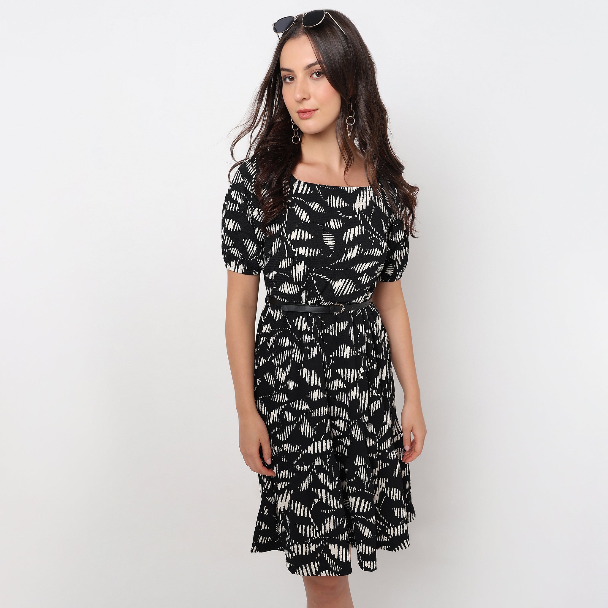 Flare Fit Printed Square Neck Tiered Dress