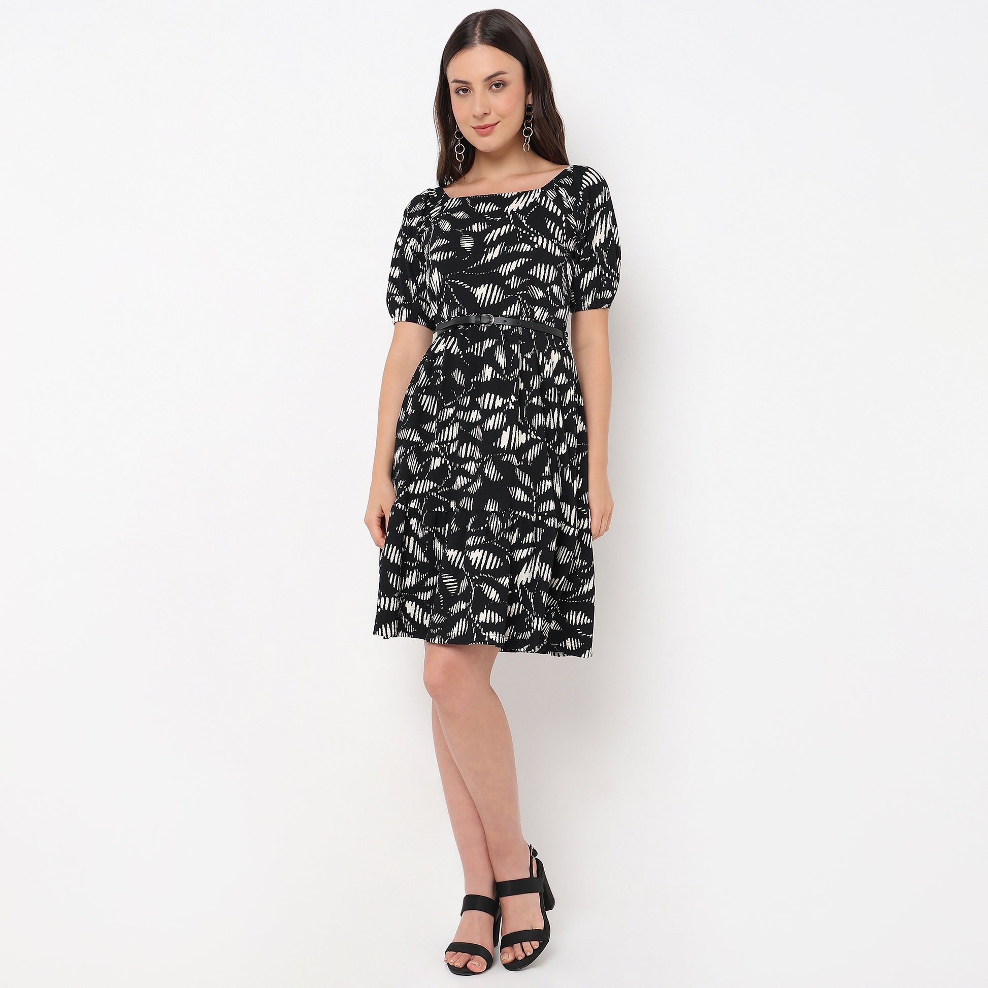 Flare Fit Printed Square Neck Tiered Dress