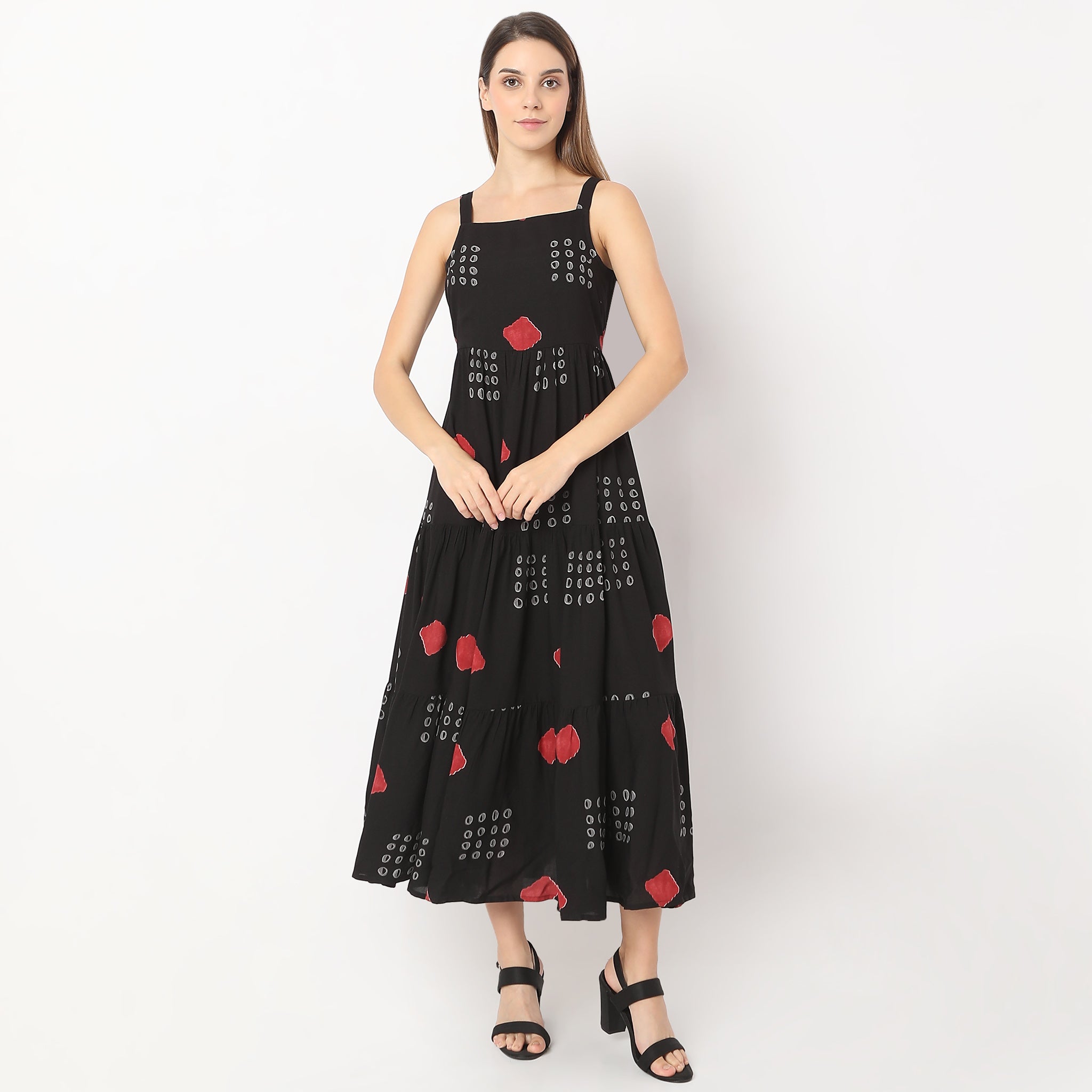 Flare Fit Printed Calf Length Square Neck Tiered Sleeveless Dress