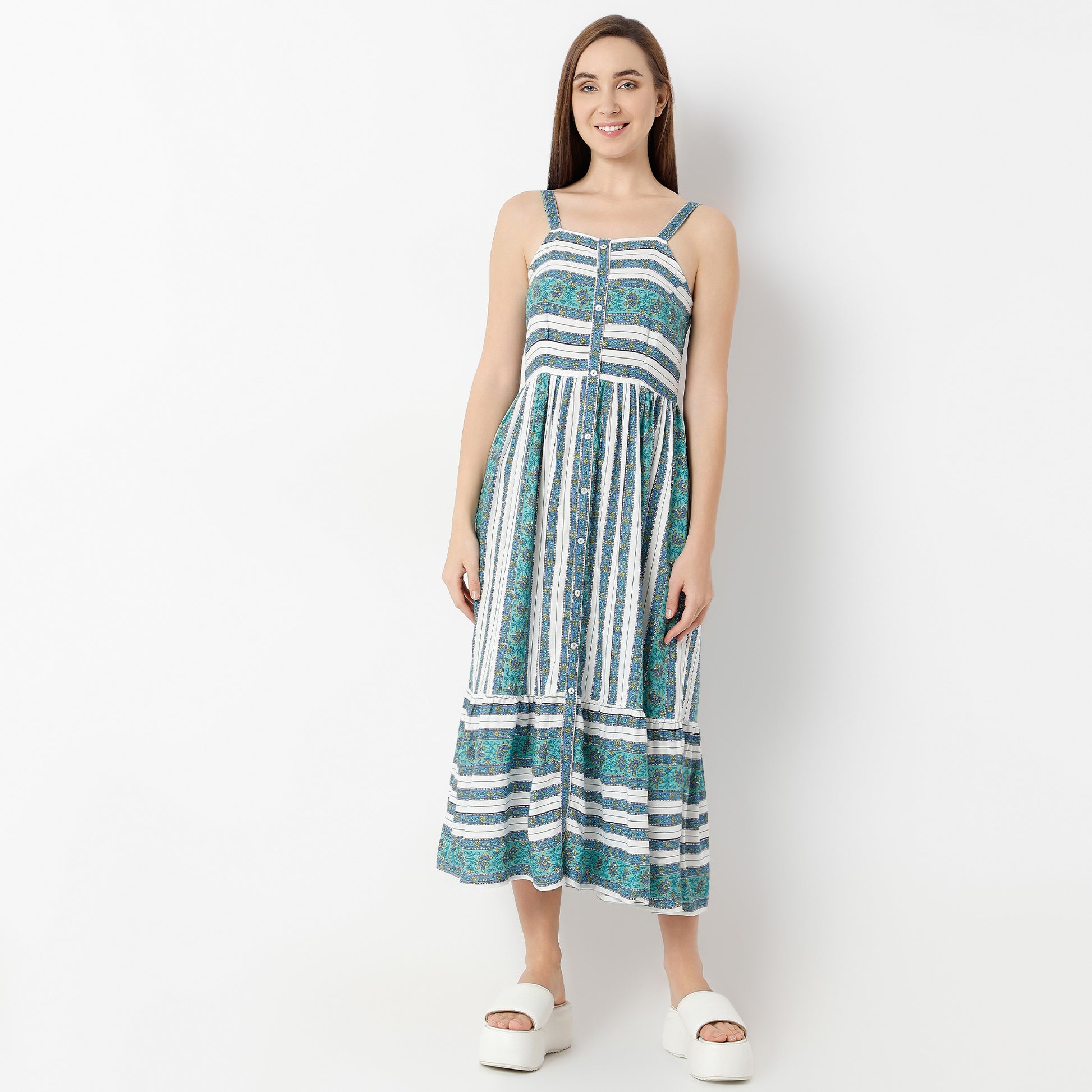 Flare Fit Printed Square Neck Dress