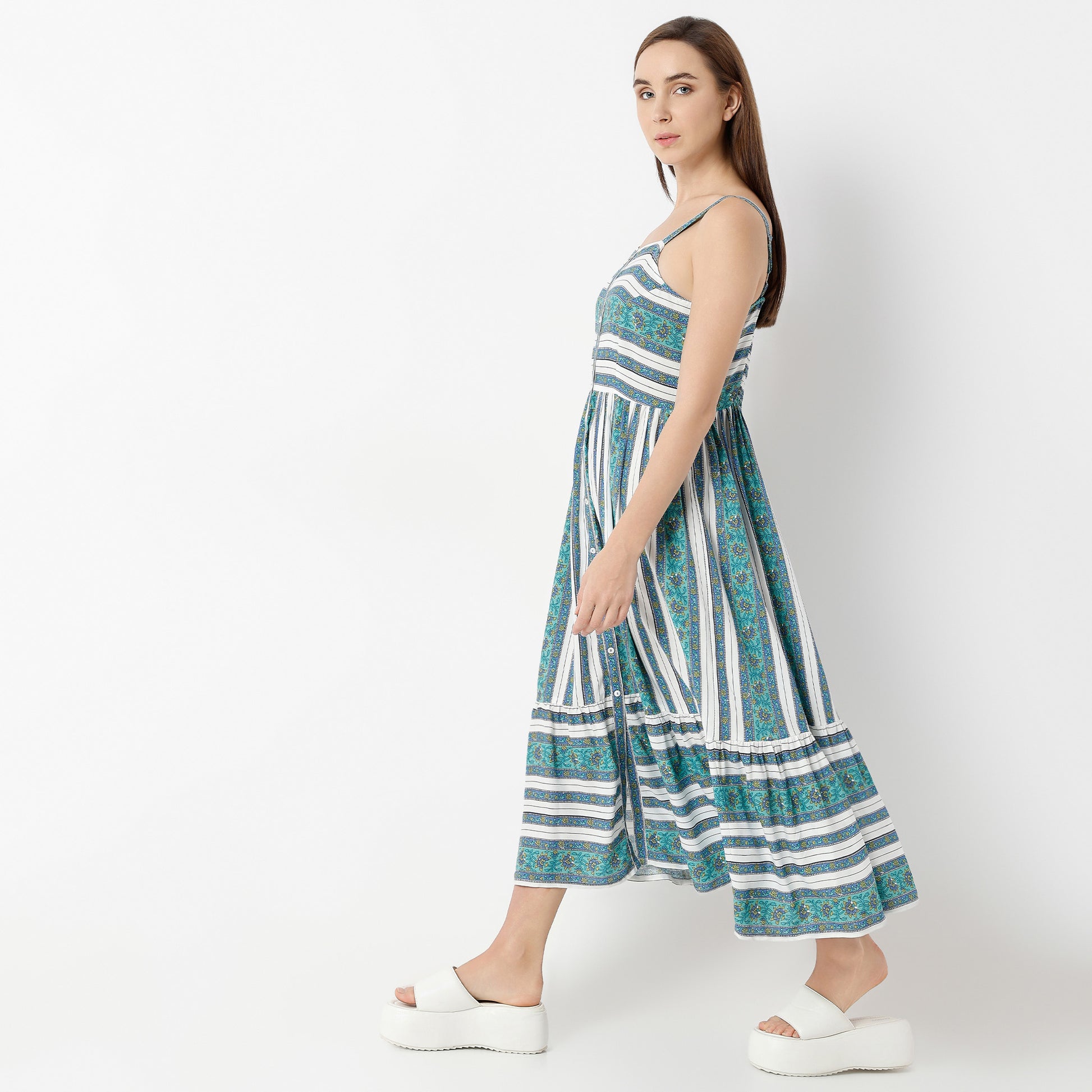 Flare Fit Printed Square Neck Dress