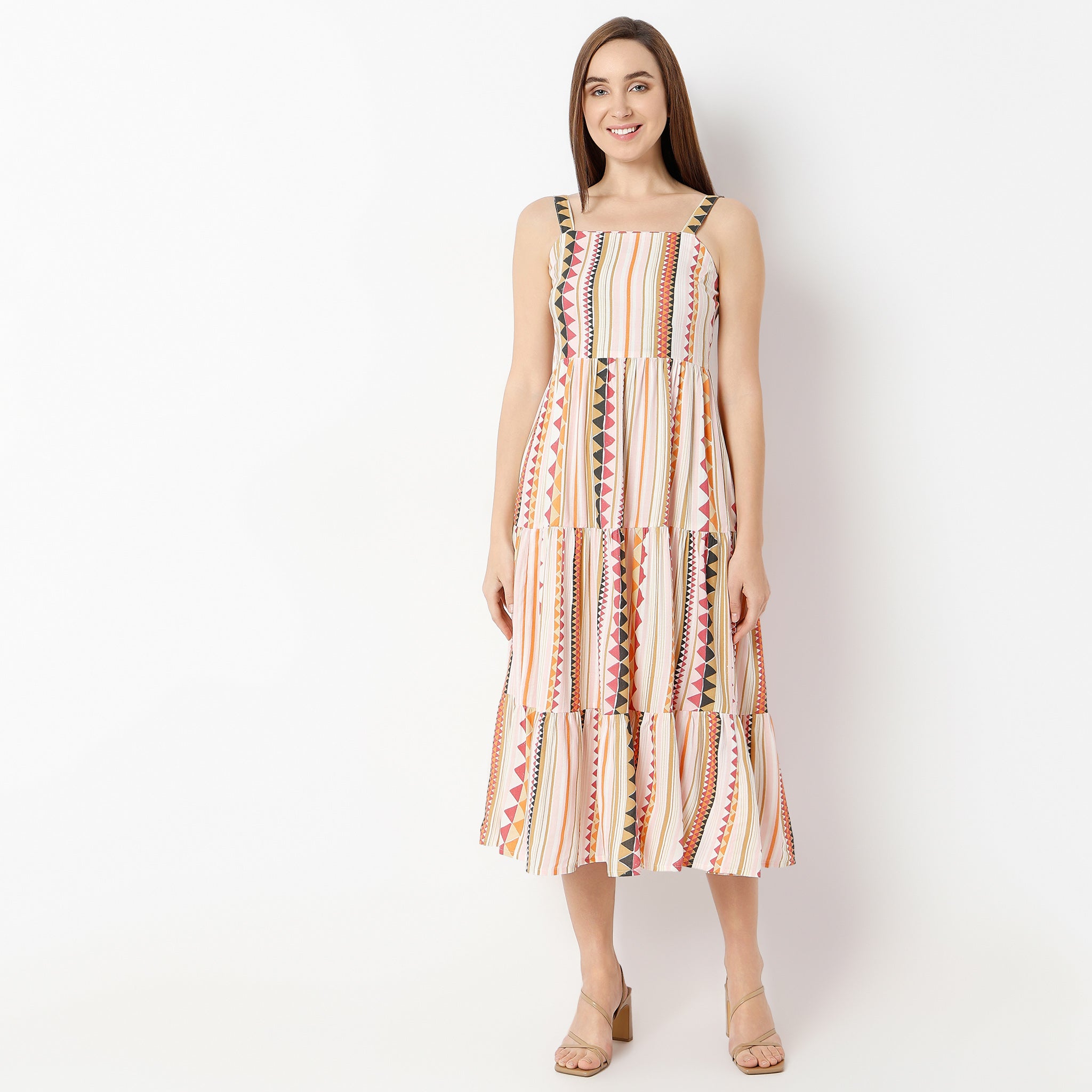 Flare Fit Printed Square Neck Dress