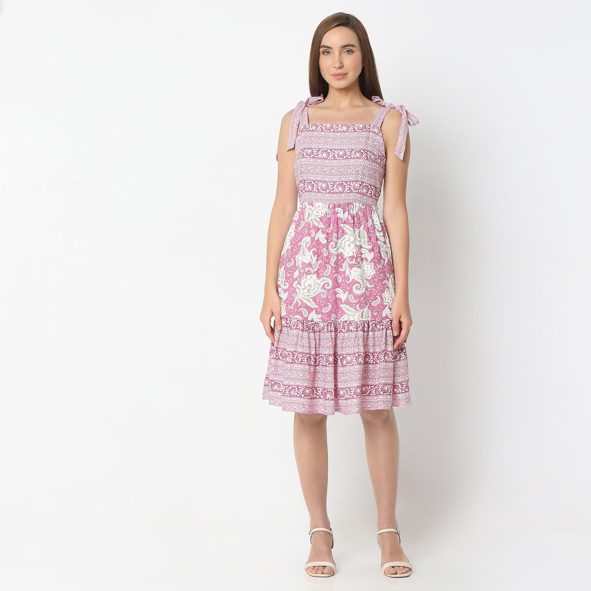 Flare Fit Floral Print Square Neck Knee Length Dress