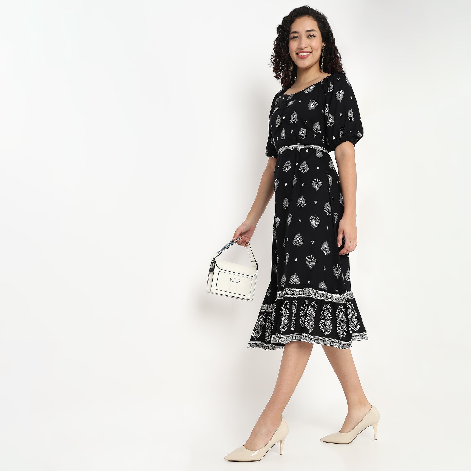 Printed Front Ruched Tiered Dress