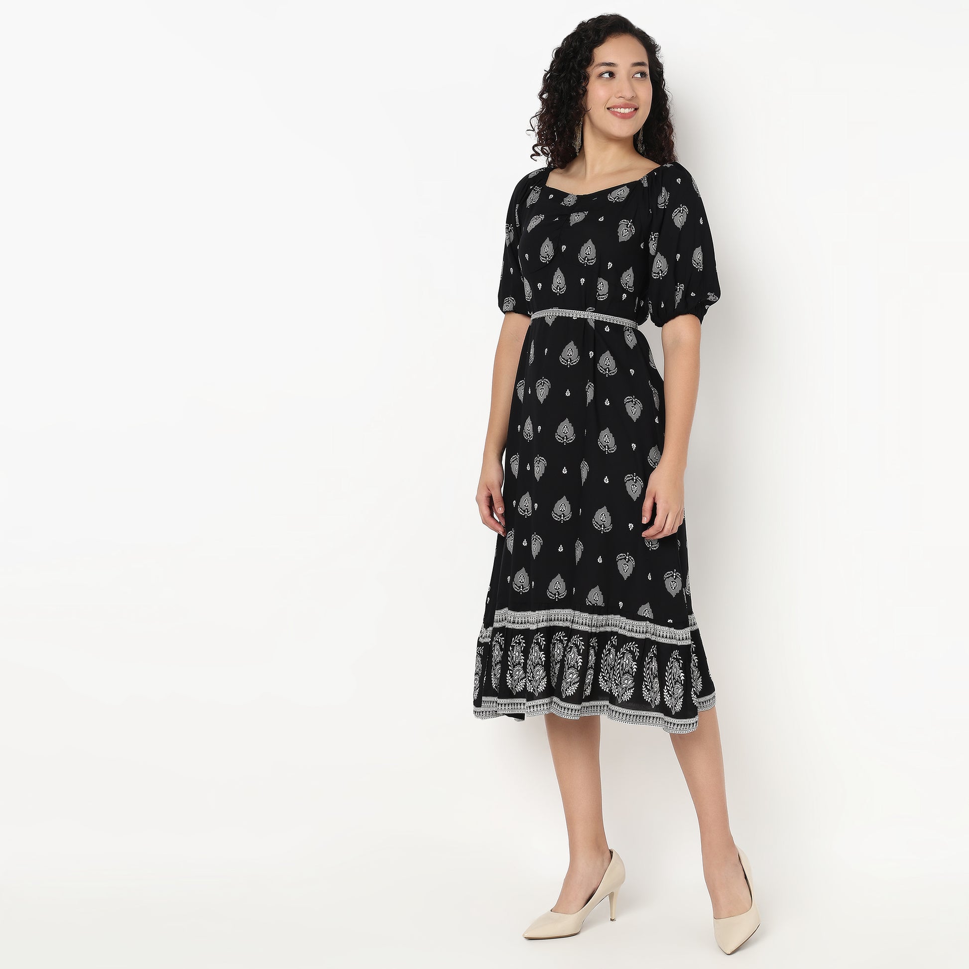 Printed Front Ruched Tiered Dress