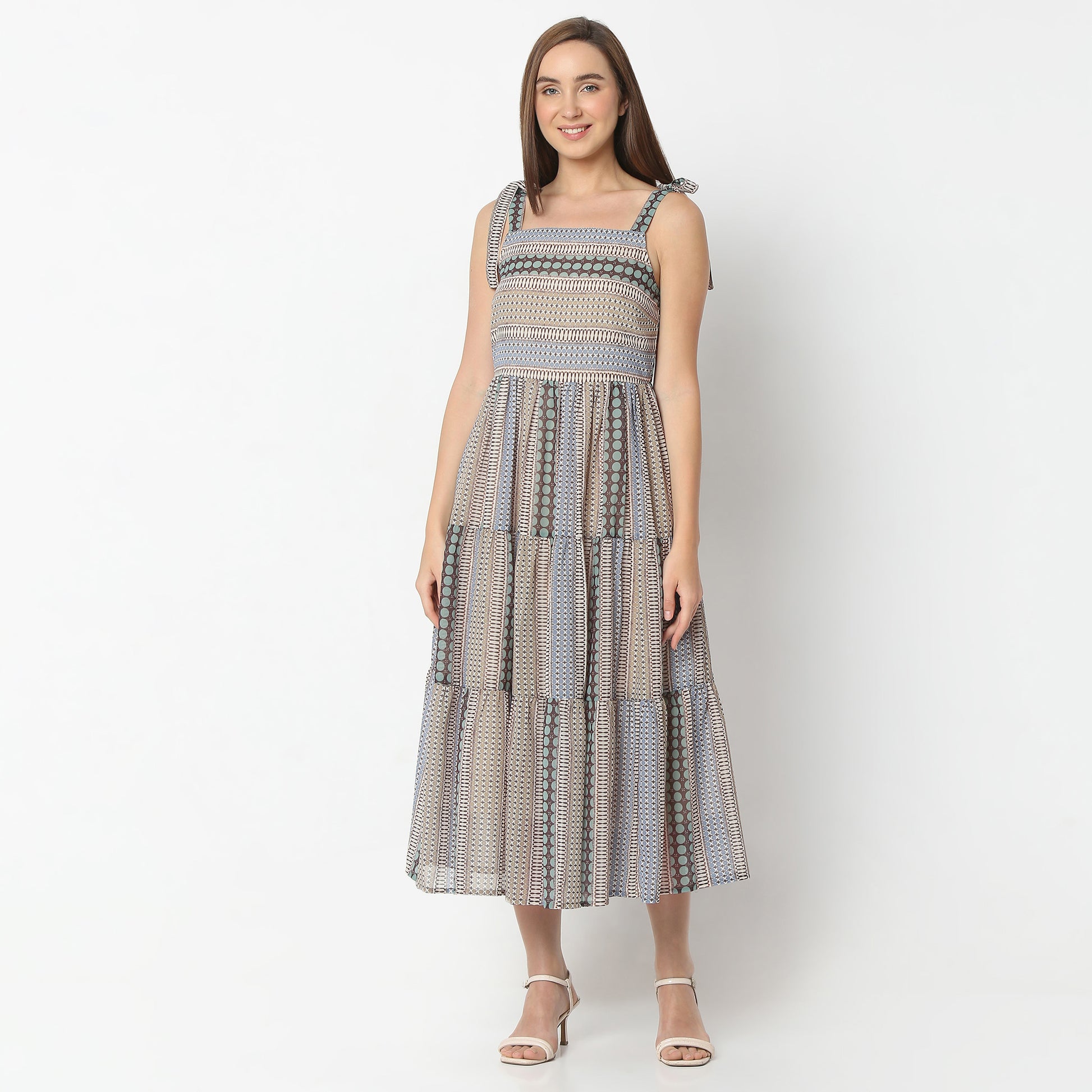 Flare Fit Printed Square Neck Below Knee Dress