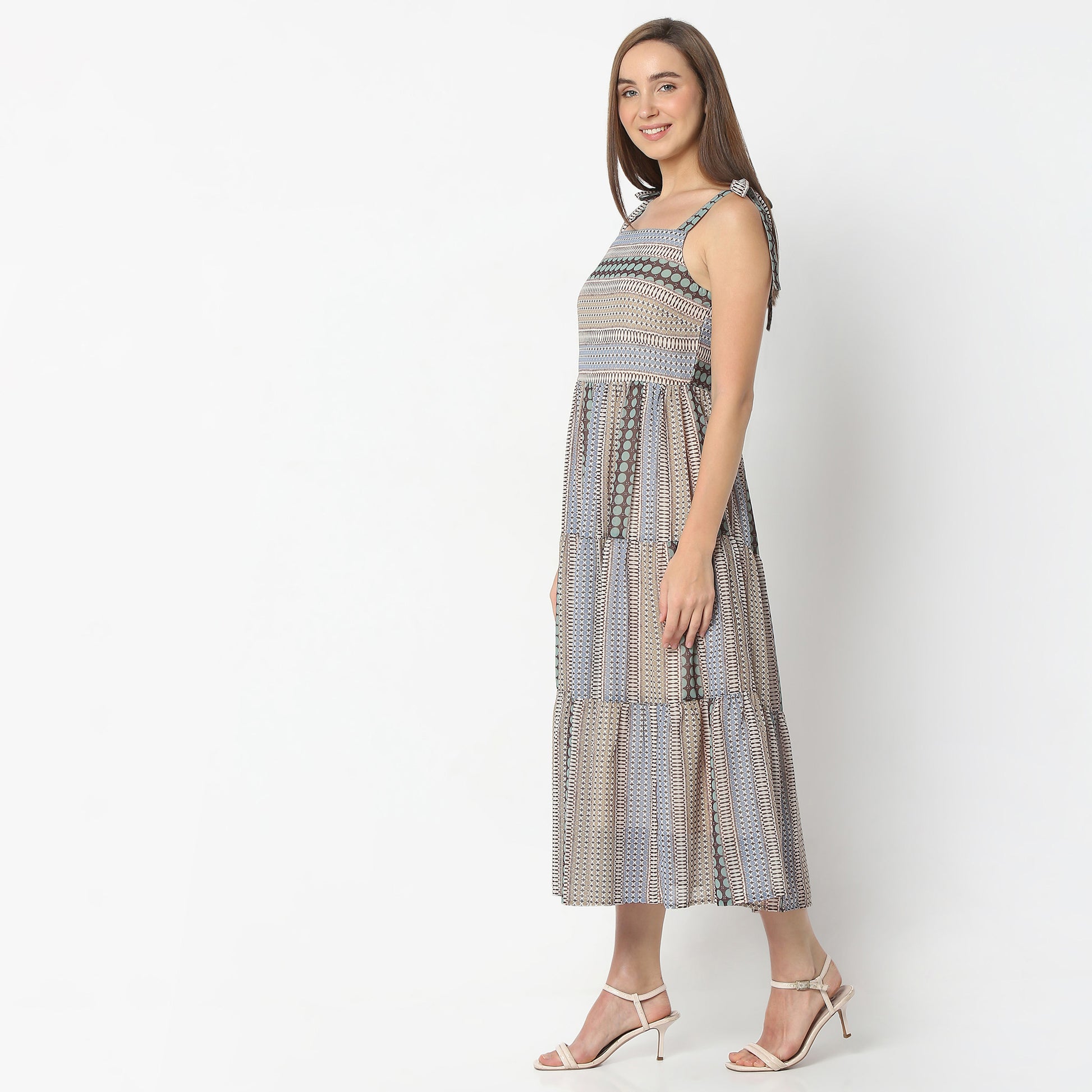 Flare Fit Printed Square Neck Below Knee Dress