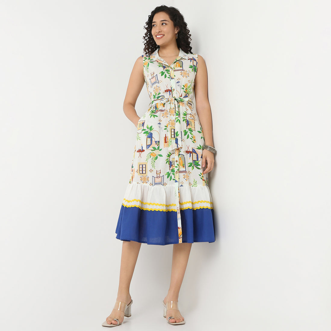 Lapel Collar Sleeveless Printed Dress