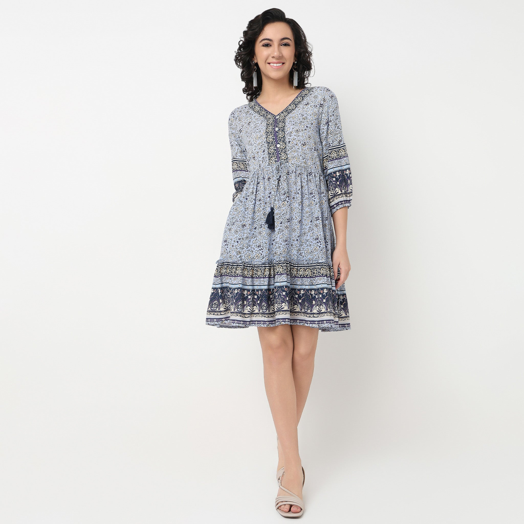 Order Now Women Printed V Neck Gathered Flare Fit Ethnic Wear Dress by Style Union