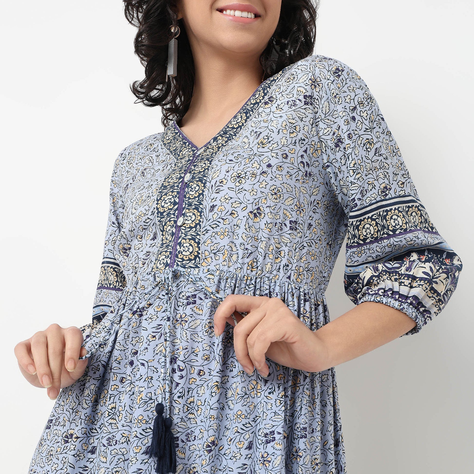 Order Now Women Printed V Neck Gathered Flare Fit Ethnic Wear Dress by Style Union