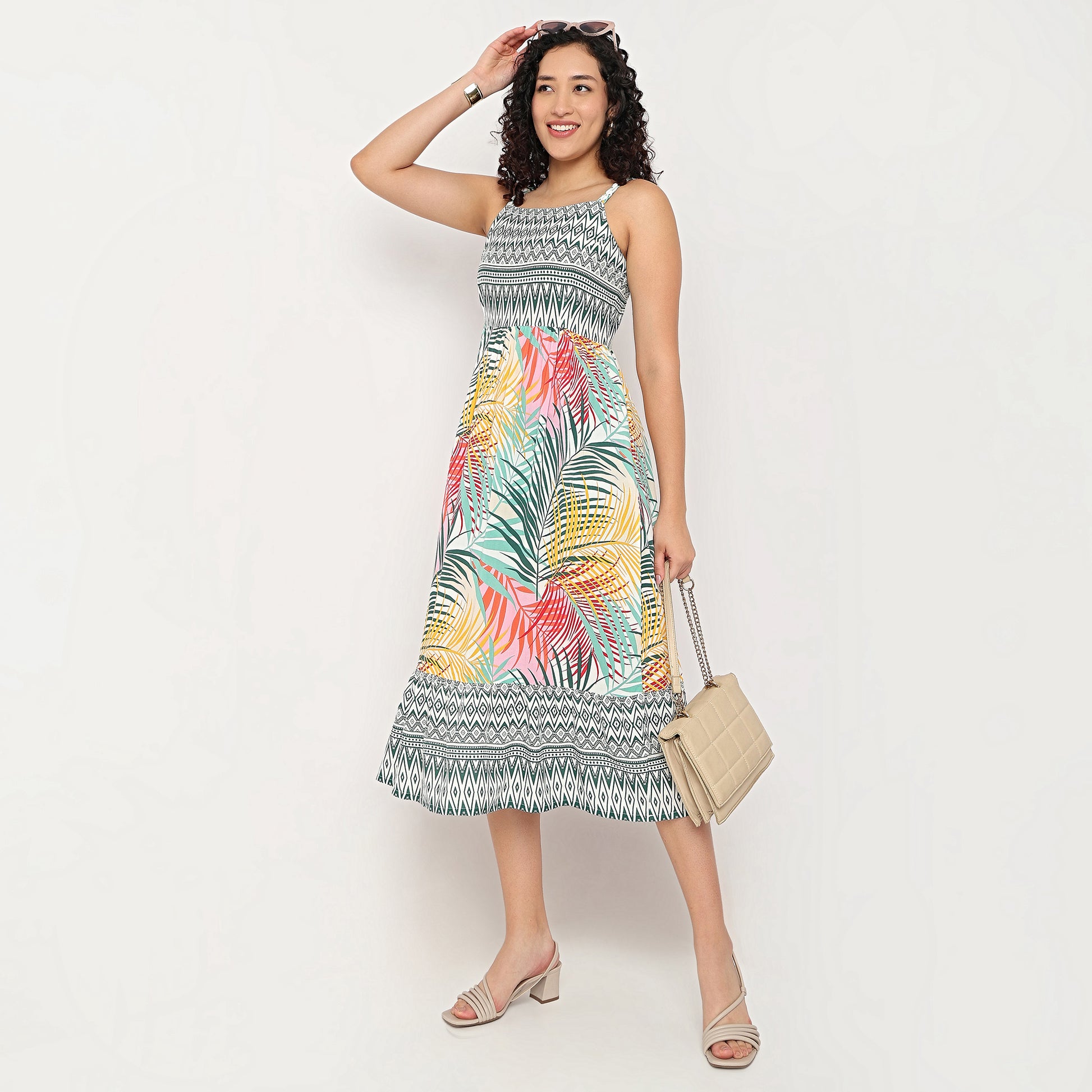 Strappy Waist Gethered Printed Dress