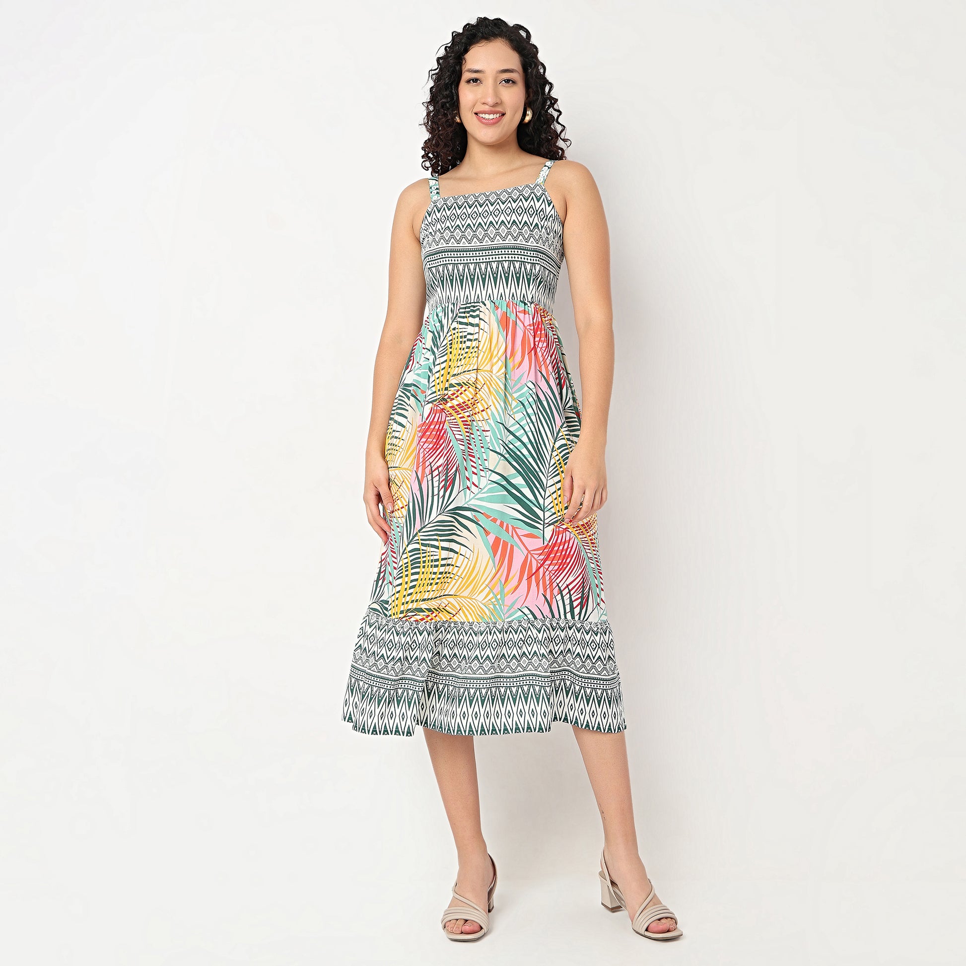 Strappy Waist Gethered Printed Dress