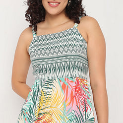 Strappy Waist Gethered Printed Dress