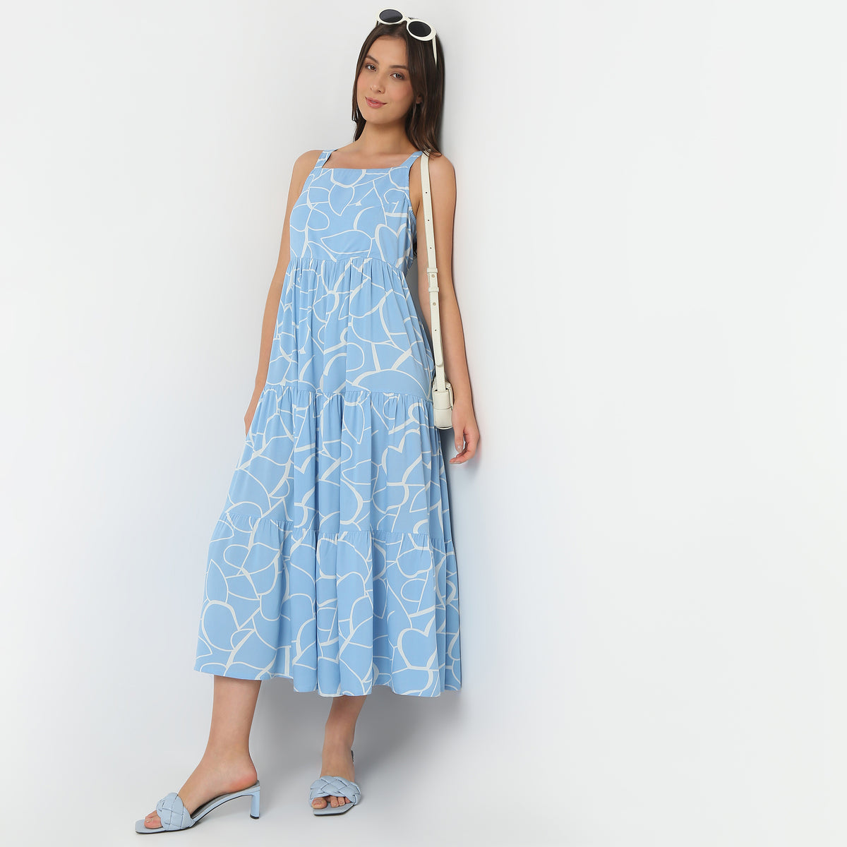 Square Neck Full Length Sleeveless Printed Flare Fit Dress