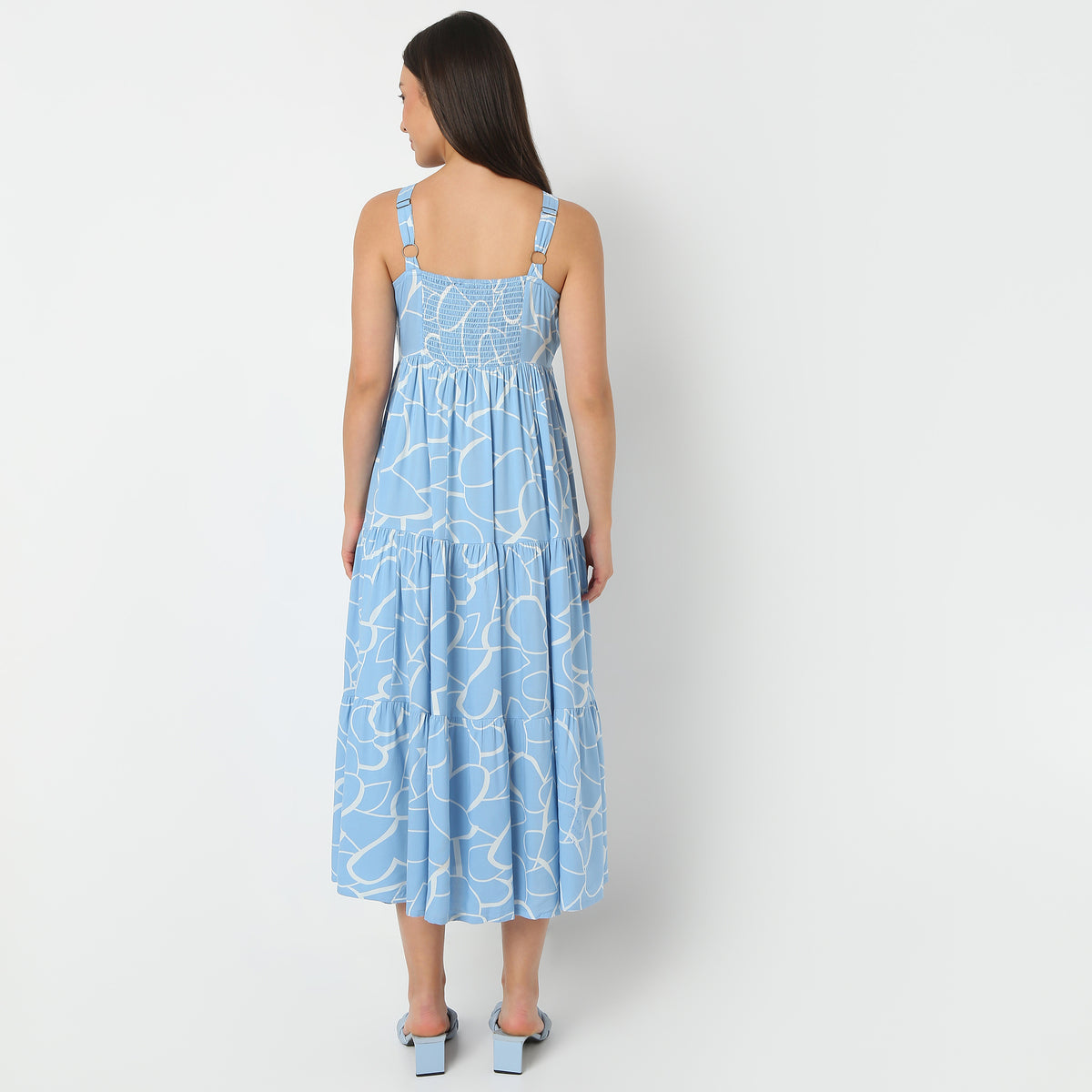 Square Neck Full Length Sleeveless Printed Flare Fit Dress