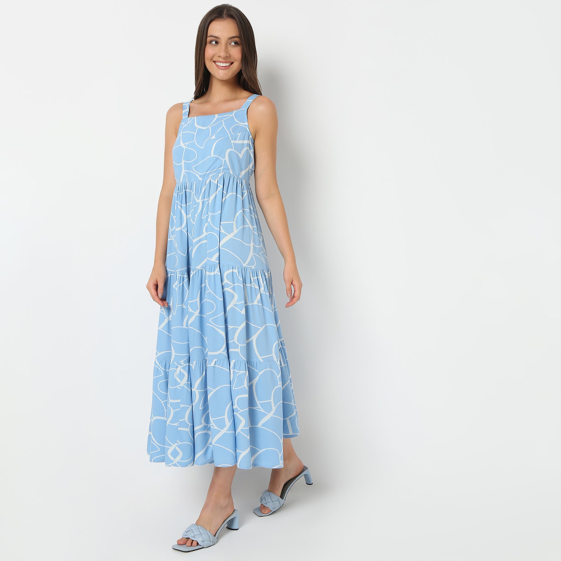 Square Neck Full Length Sleeveless Printed Flare Fit Dress