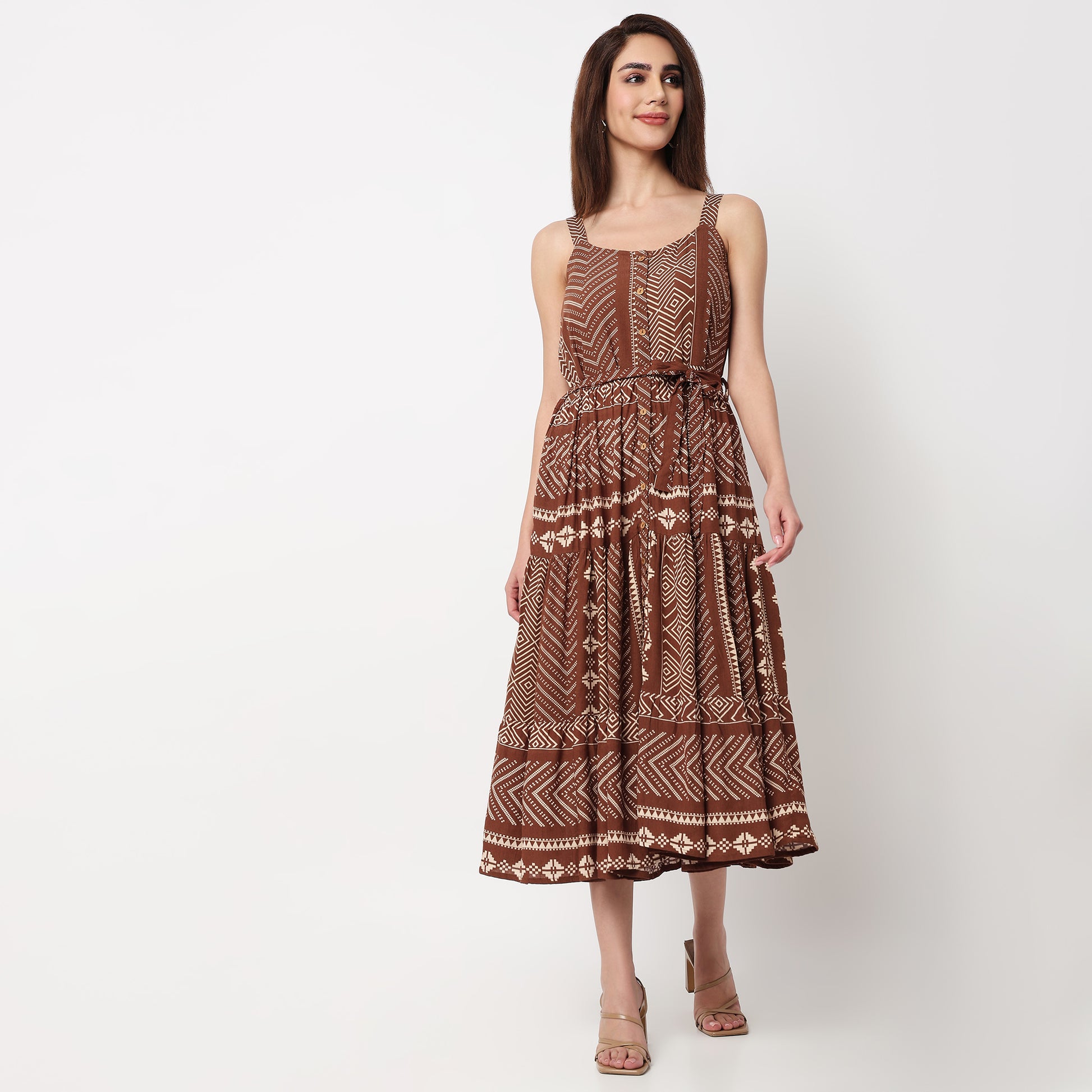 Printed Tiered Strappy Dress With Front Placket