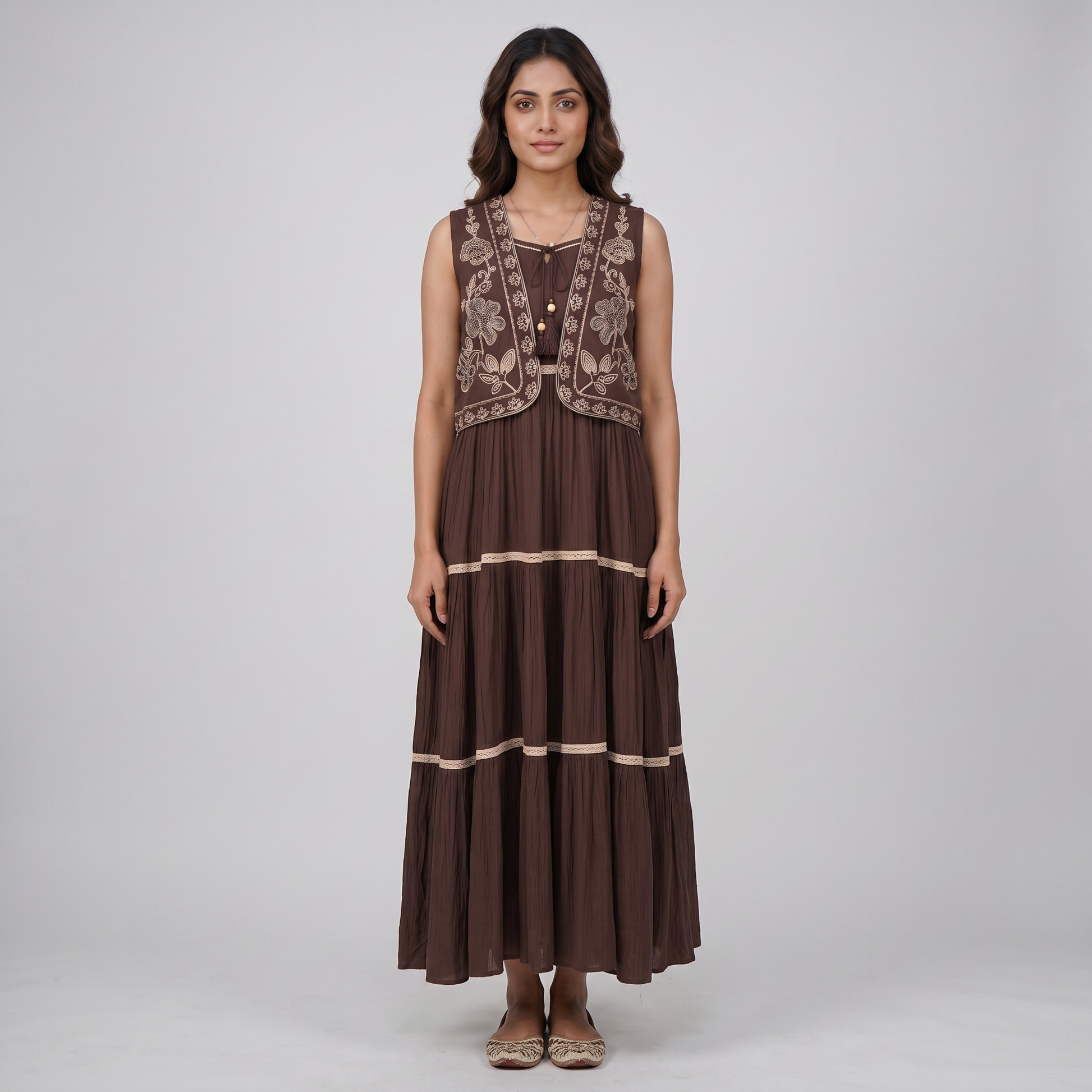 Strappy Tiered Dress With Embroidered Shrug