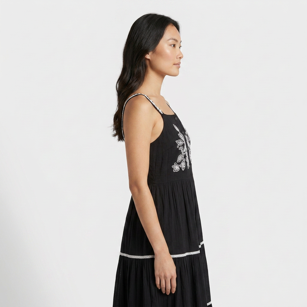 Embroidered Strappy Tiered Dress