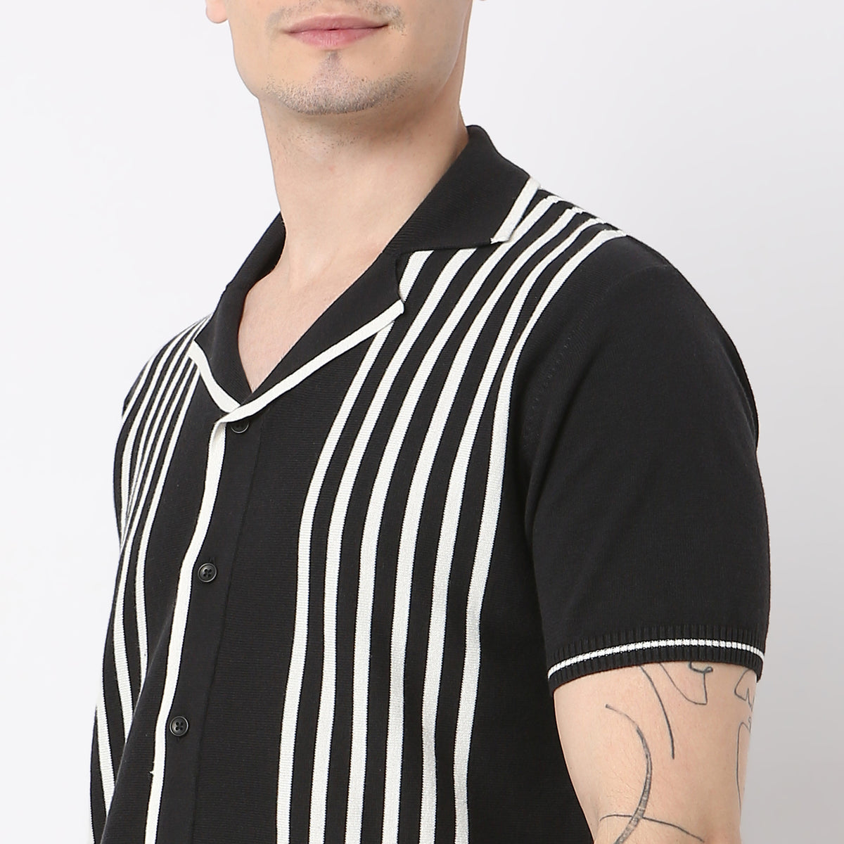 Modern Nerd Hand Knit Jersey Striped Camp Collar Half Sleeve Cuban Shirt