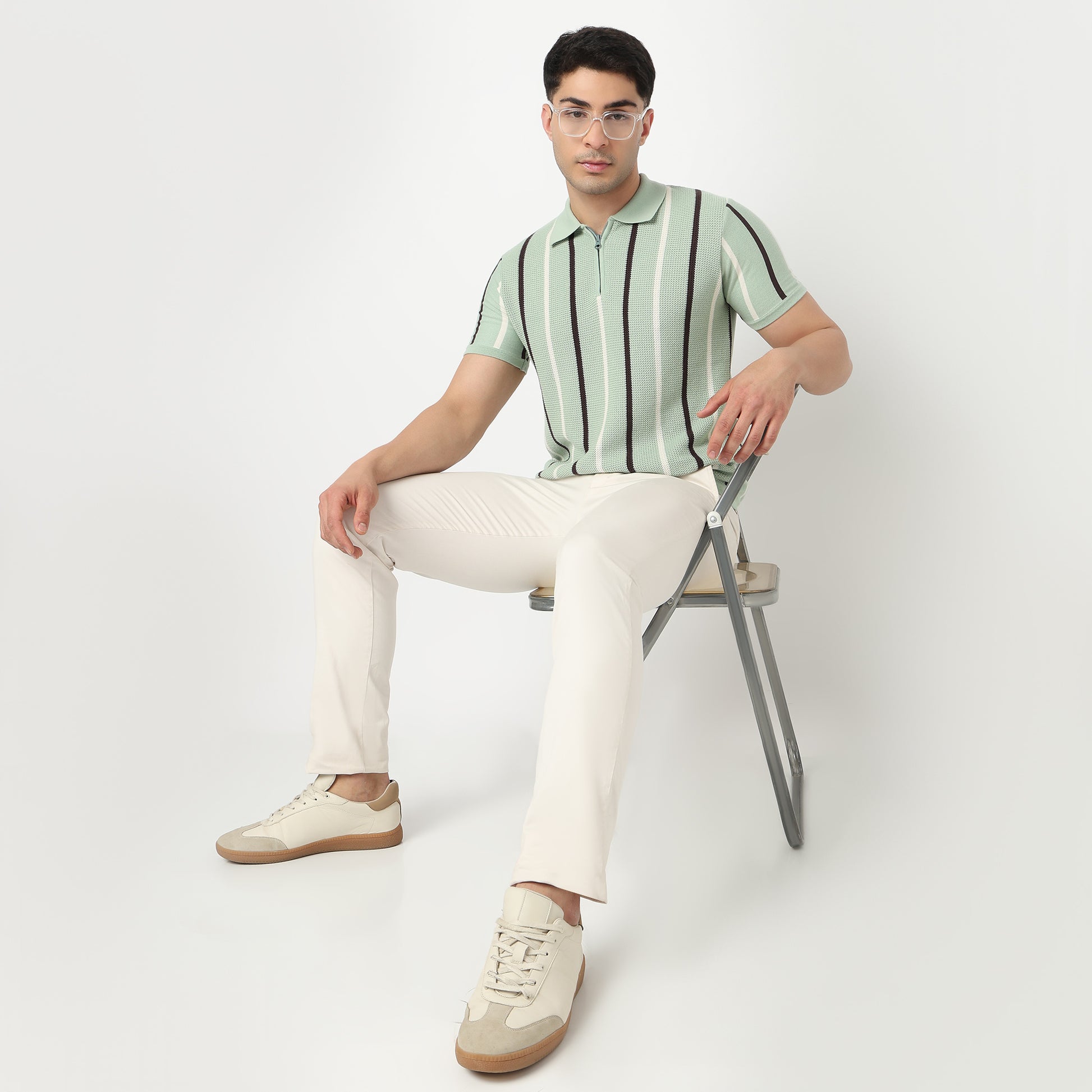 Modern Nerd Hand Knit Jersey Striped Polo Neck Half Sleeve T-Shirt