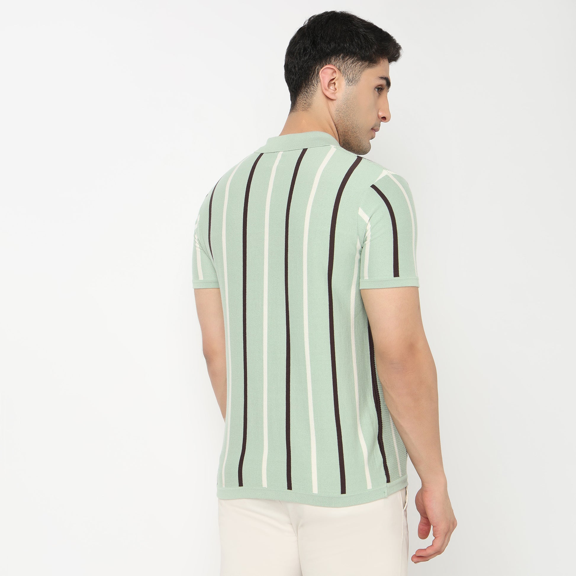 Modern Nerd Hand Knit Jersey Striped Polo Neck Half Sleeve T-Shirt