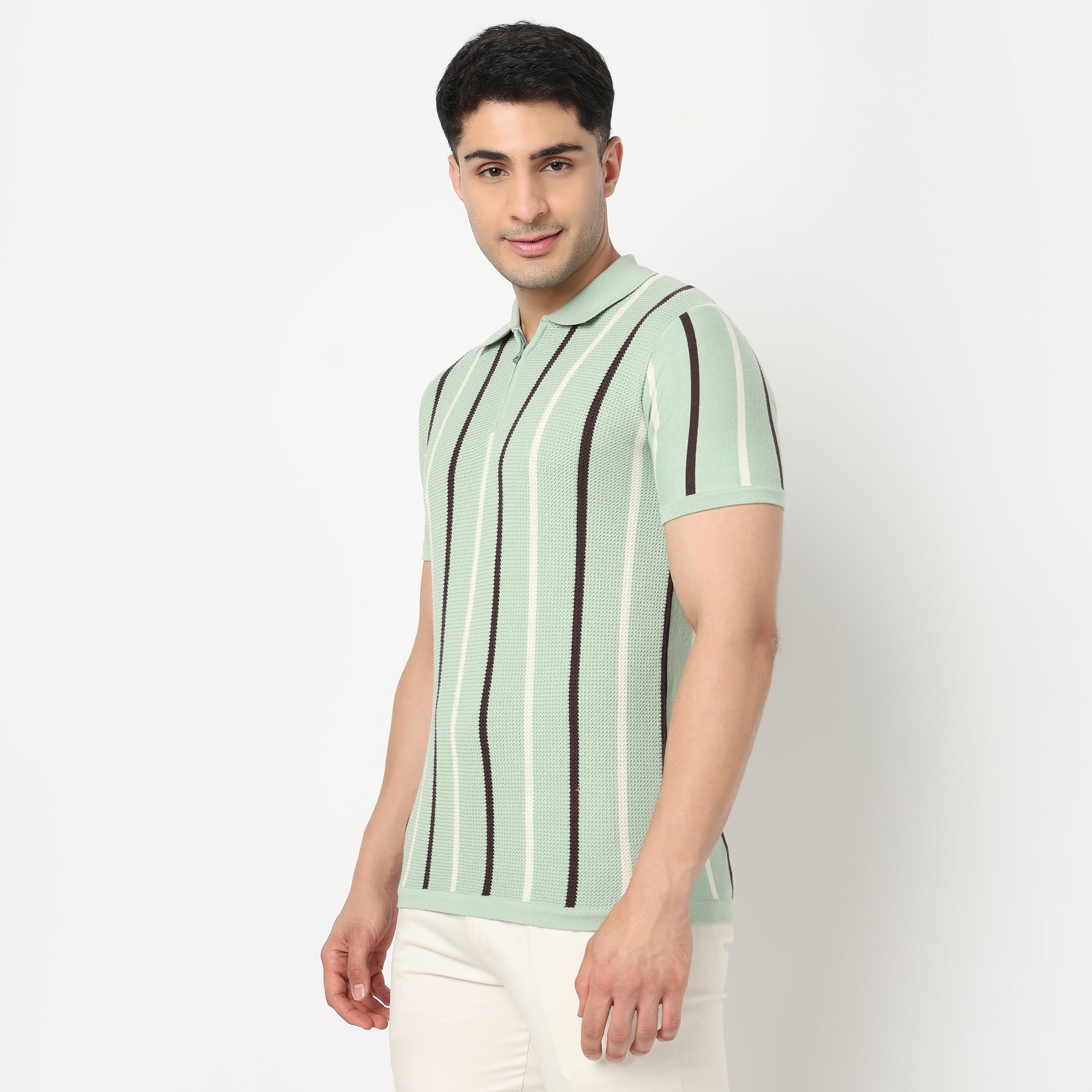 Modern Nerd Hand Knit Jersey Striped Polo Neck Half Sleeve T-Shirt