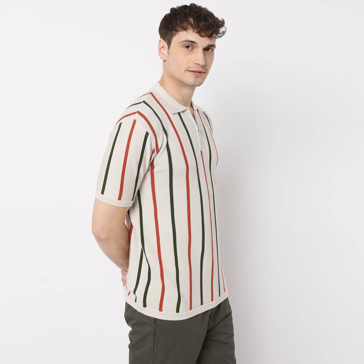 Modern Nerd Hand Knit Jersey Striped Polo Neck Half Sleeve T-Shirt