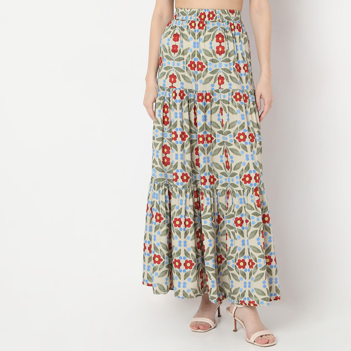 Flare Fit Printed Full Length A-Line Abstract High Rise Tiered Skirt