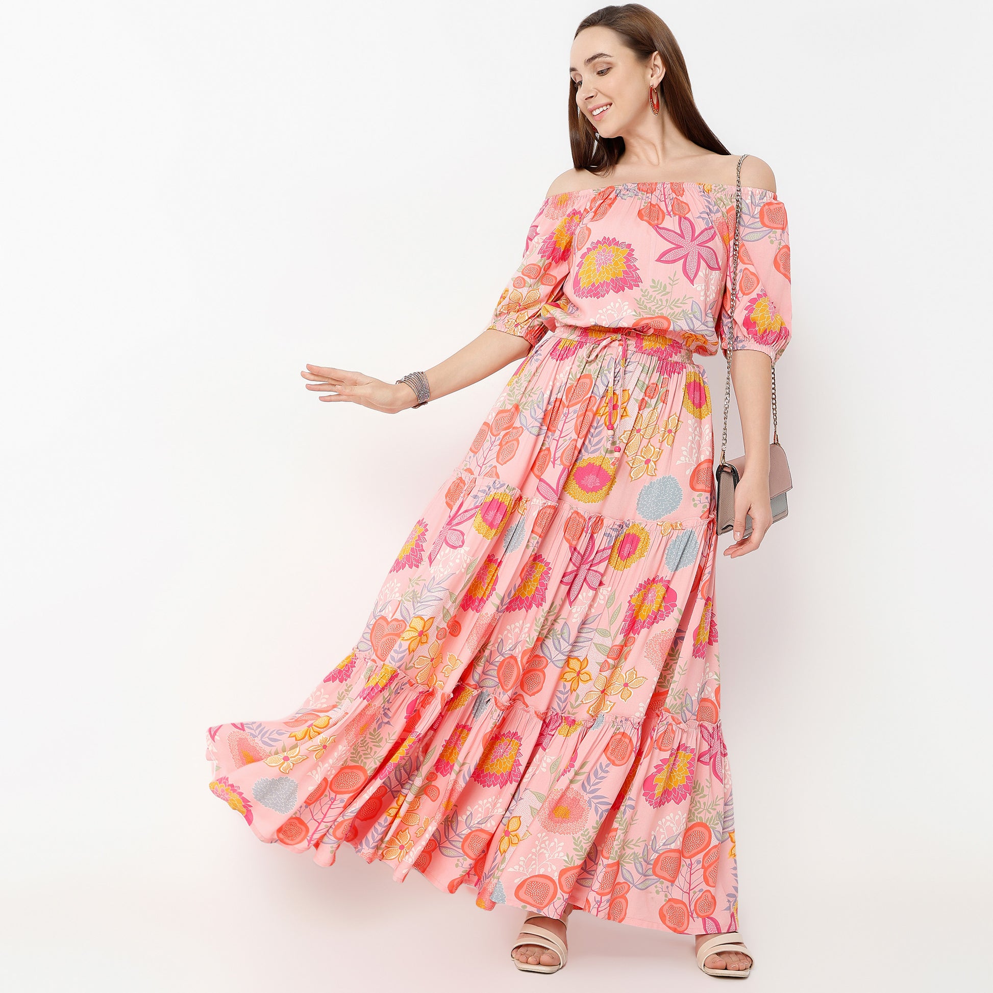 Flare Fit Printed Full Length Mid Rise Skirt